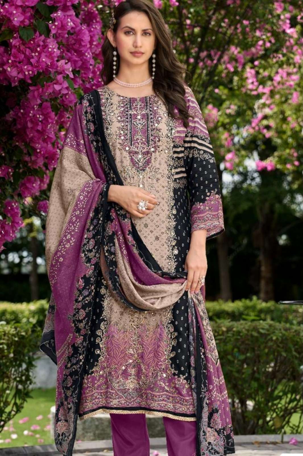 Motifz 975 Beautiful Viscose Maslin Pakistani Suit with Handwork & Aari Work