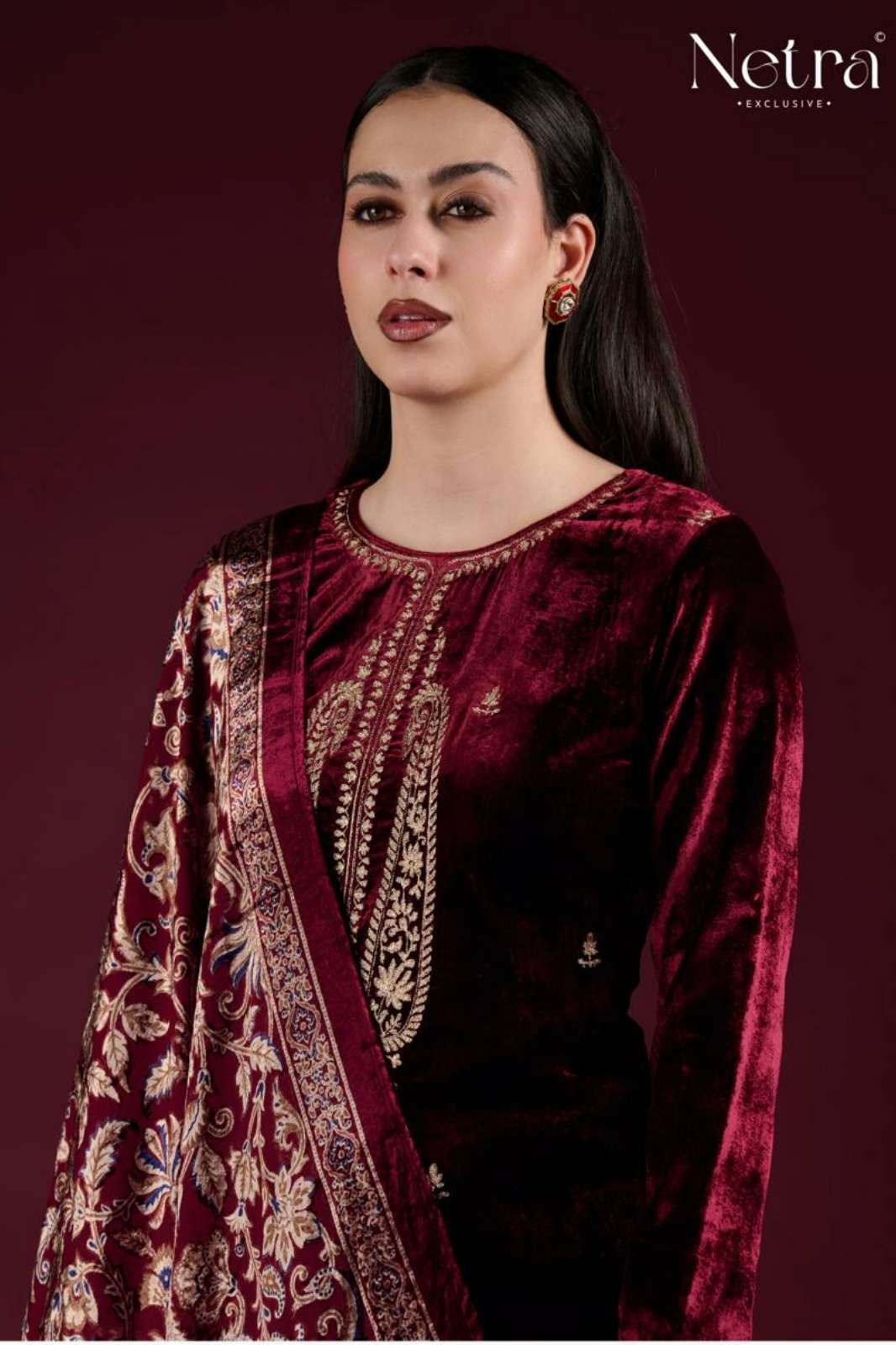 NETRA NAVIKA PREMIUM KOREAN VELVET SUIT  WITH ELEGANT EMBROIDERY 