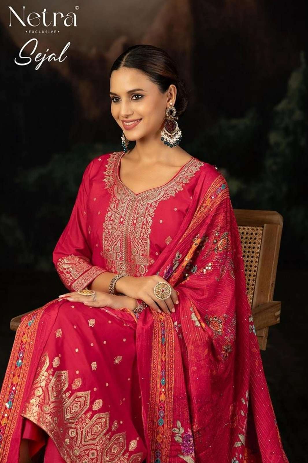 NETRA SEJAL PURE LAKHNAVI WEAVING SUIT WITH SWAROVSKI WORK