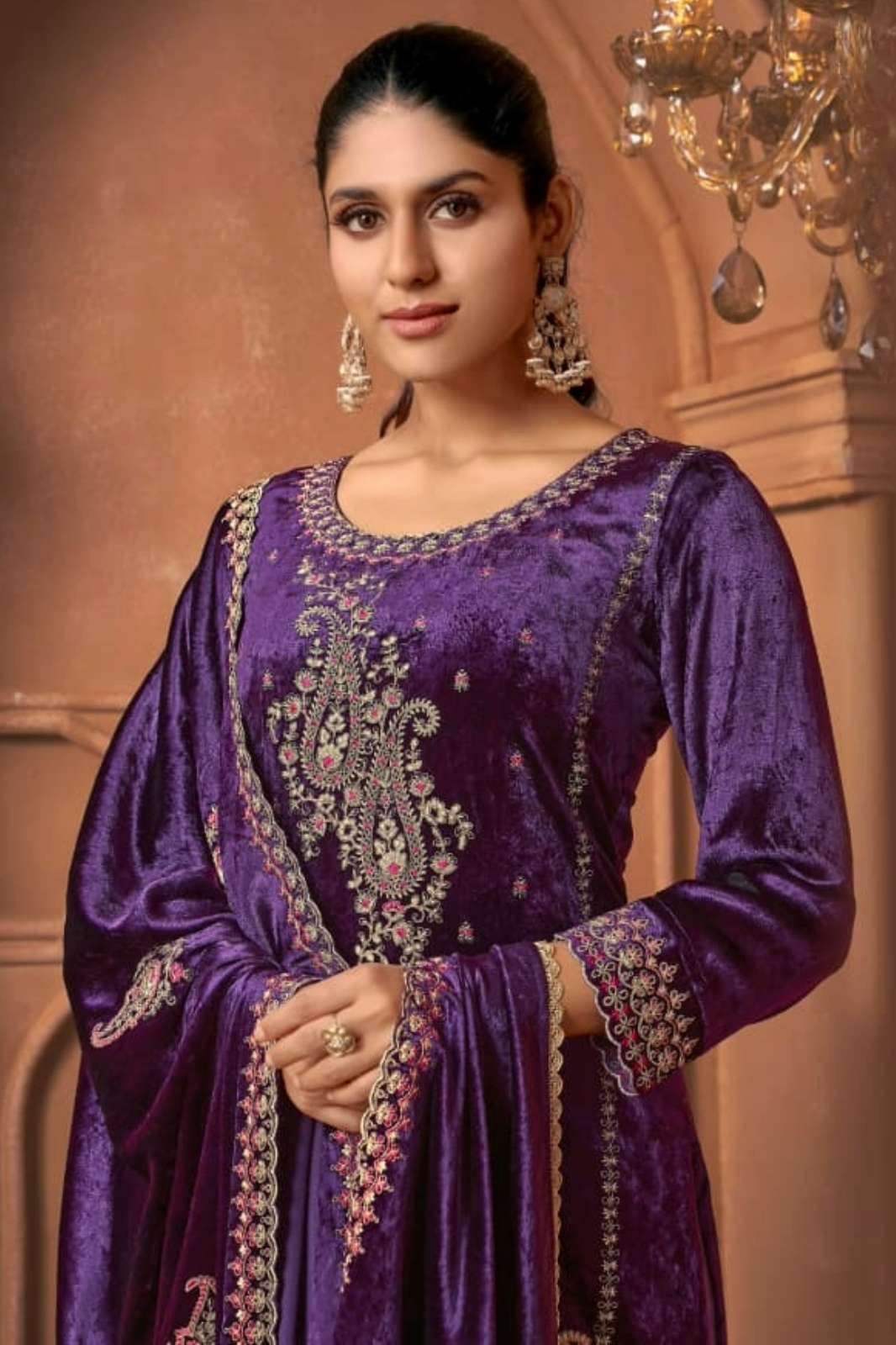 REYNA ELISHA PURE VISCOSE VELVET CORDING EMBROIDERY WORK SUIT
