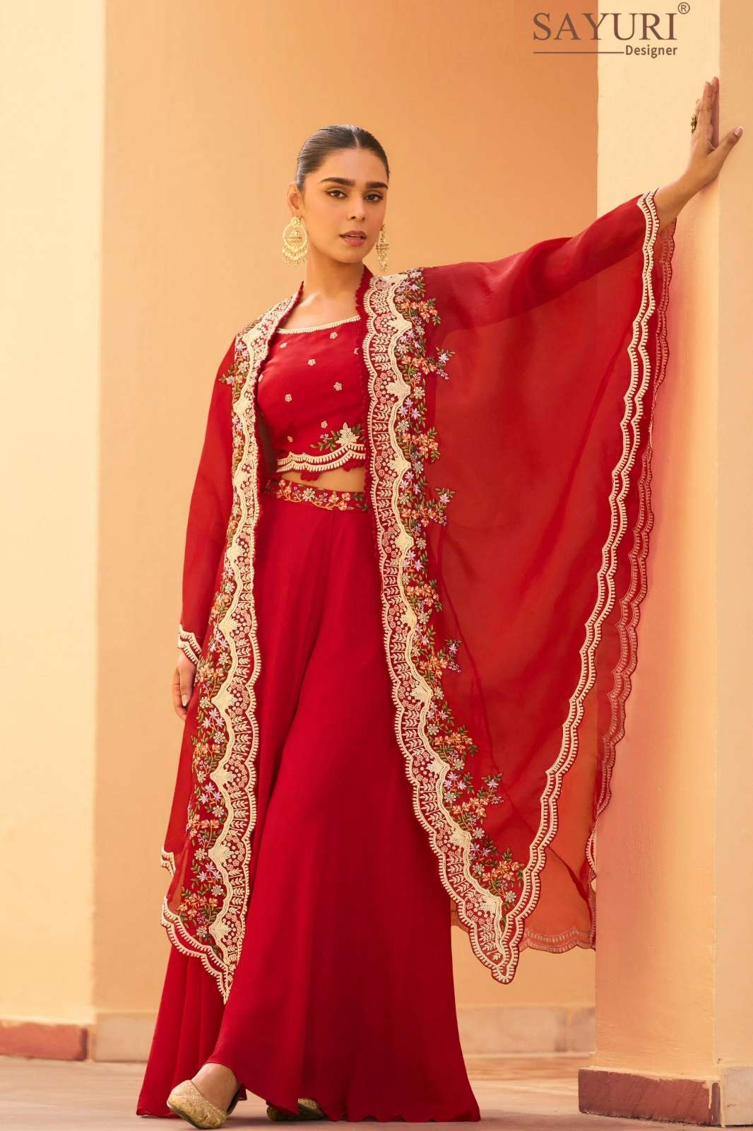 SAYURI ROSY READY TO WEAR PREMIUM REAL CHINON EMBROIDERED INDO WESTERN DRESS