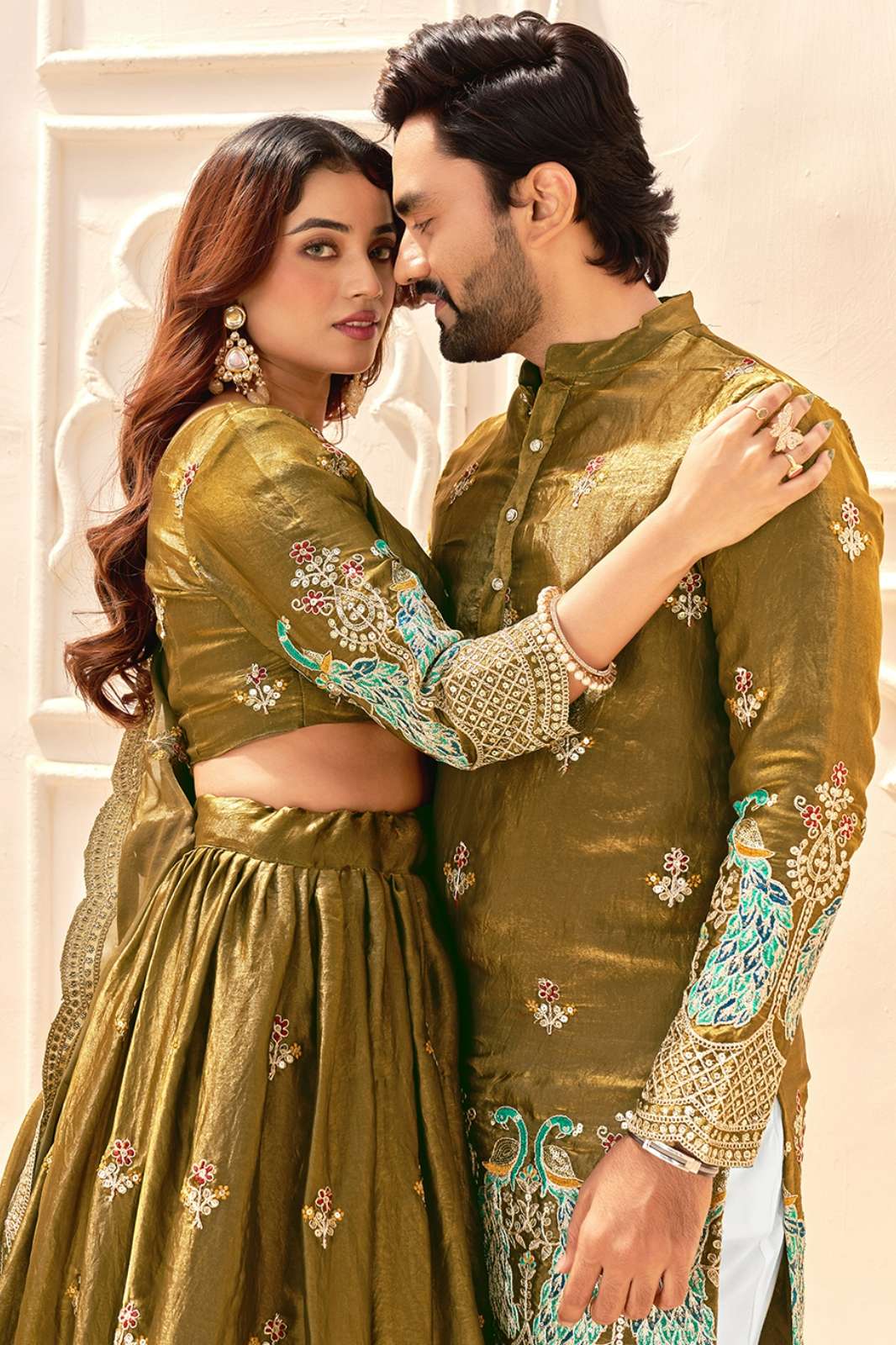 Shri Balaji Emporium Shee Star Couple 7 Fendi Silk Lehenga Choli & Mens Kurta Couple Set