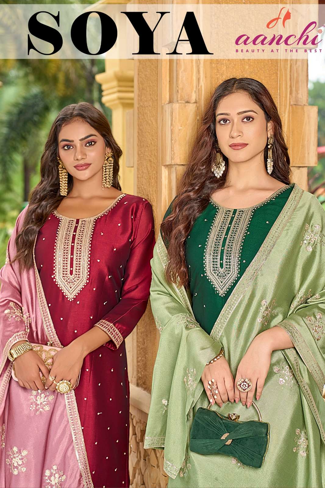 AANCHI SOYA READY TO WEAR BEAUTIFUL EMBROIDERED CRYSTAL SILK SUIT 