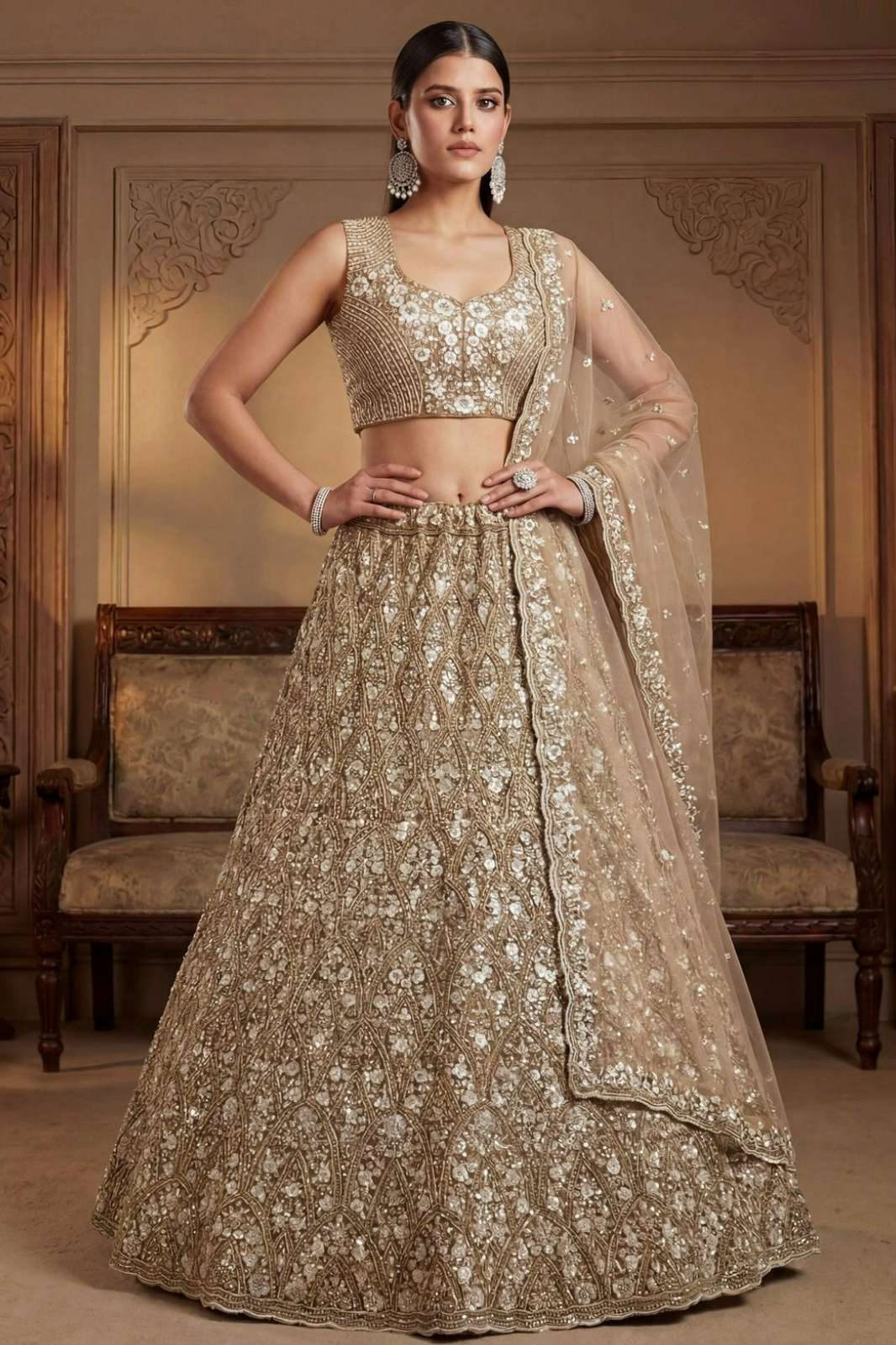 Anjani Arts 2957 Beautiful Net Embroidered Wedding Wear Golden Lehenga Choli