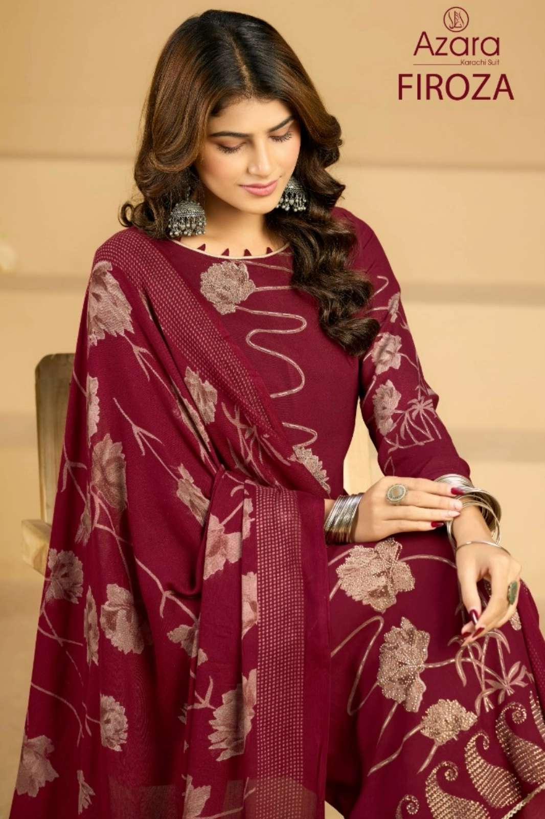 Azara FIROZA Pure Viscose Rayon Discharge Print & Zarkan Work Suit