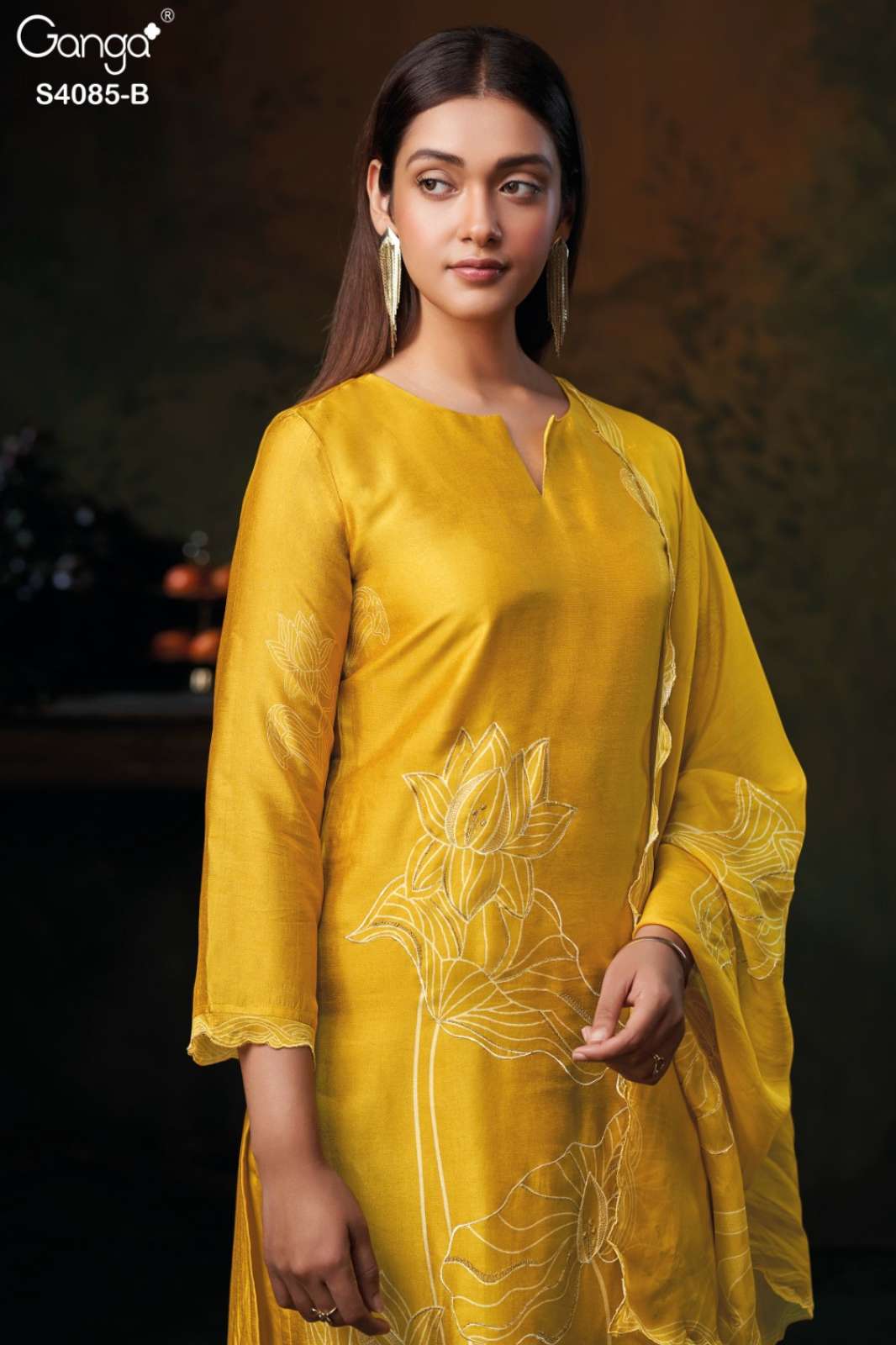 GANGA EMINA S4085 PREMIUM PURE BEMBERG RUSSIAN SILK HAND EMBROIDERED SUIT 