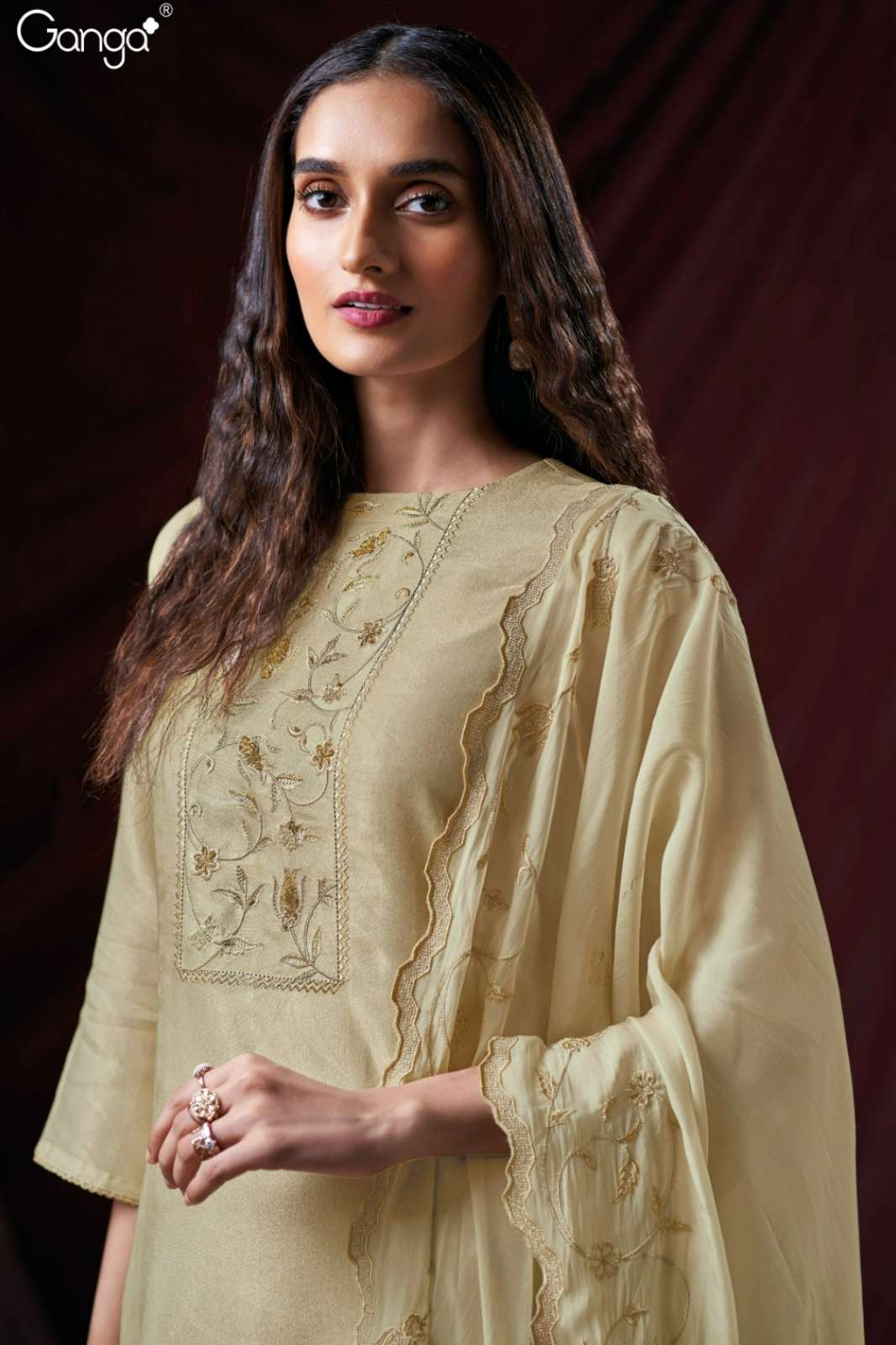 GANGA HESPER S3794 PREMIUM PURE BEMBERG SILK EMBROIDERED SUIT 