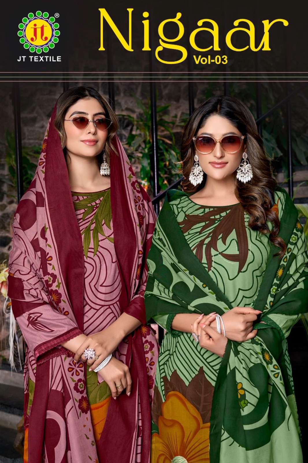 JT TEXTILE NIGAAR 3 RAYON FABRIC SUIT SETS WITH FOIL PRINT & LACE