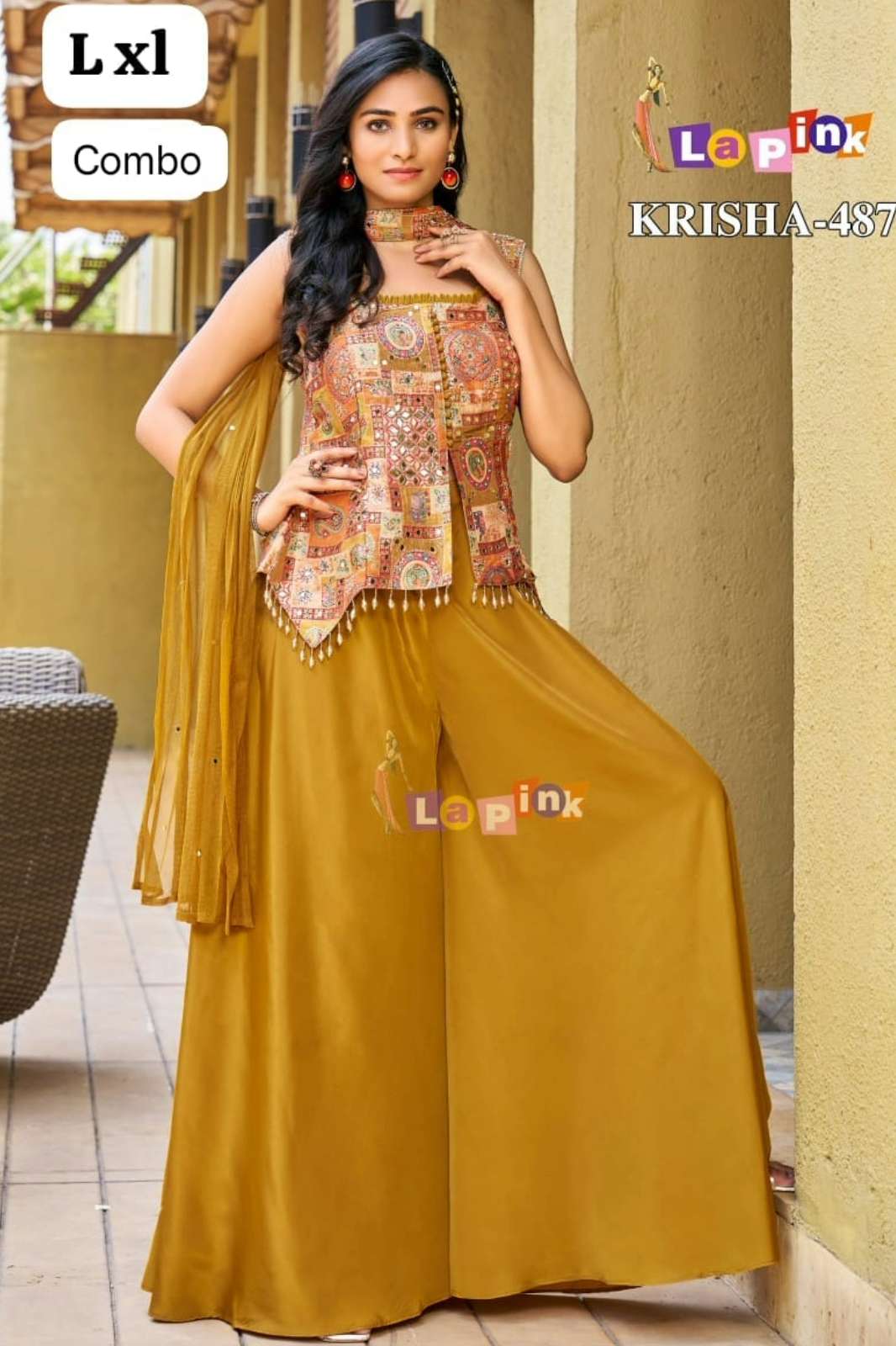 Lapink Brocade Designer Top with Chinon Palazzo and Net Neck Dupatta