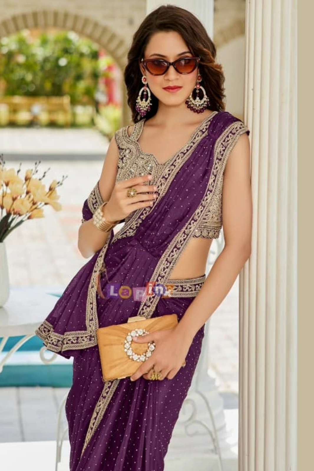 Lapink Mirrors Work Designer Chinon Fancy Pre Drape Saree