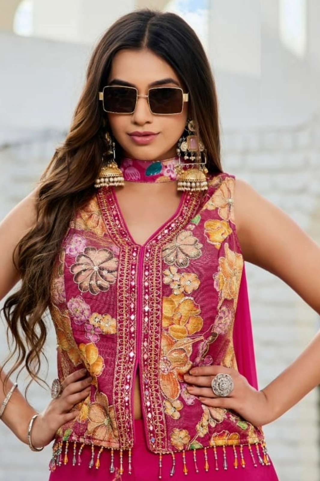 Lapink Shimmer Fancy Designer Front Cut Peplum Top with Palazzo & Neck Dupatta