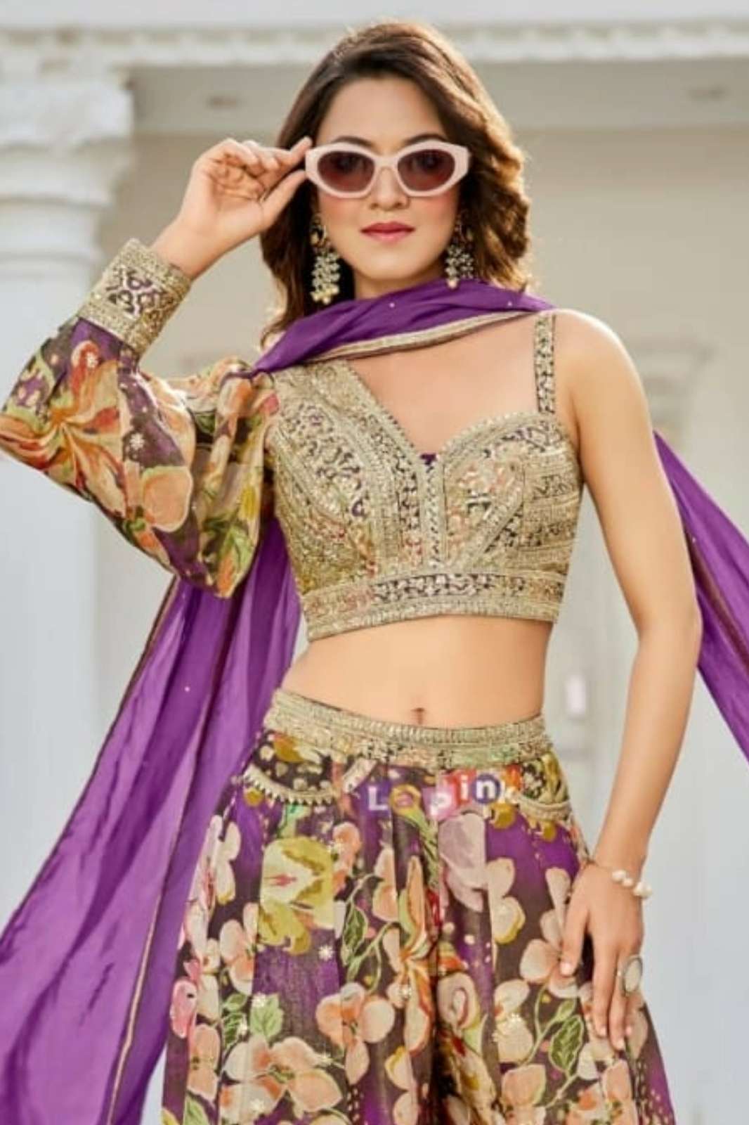 Lapink Silk Designer Florals Divider with One Sided Sleeves Top & Dupatta