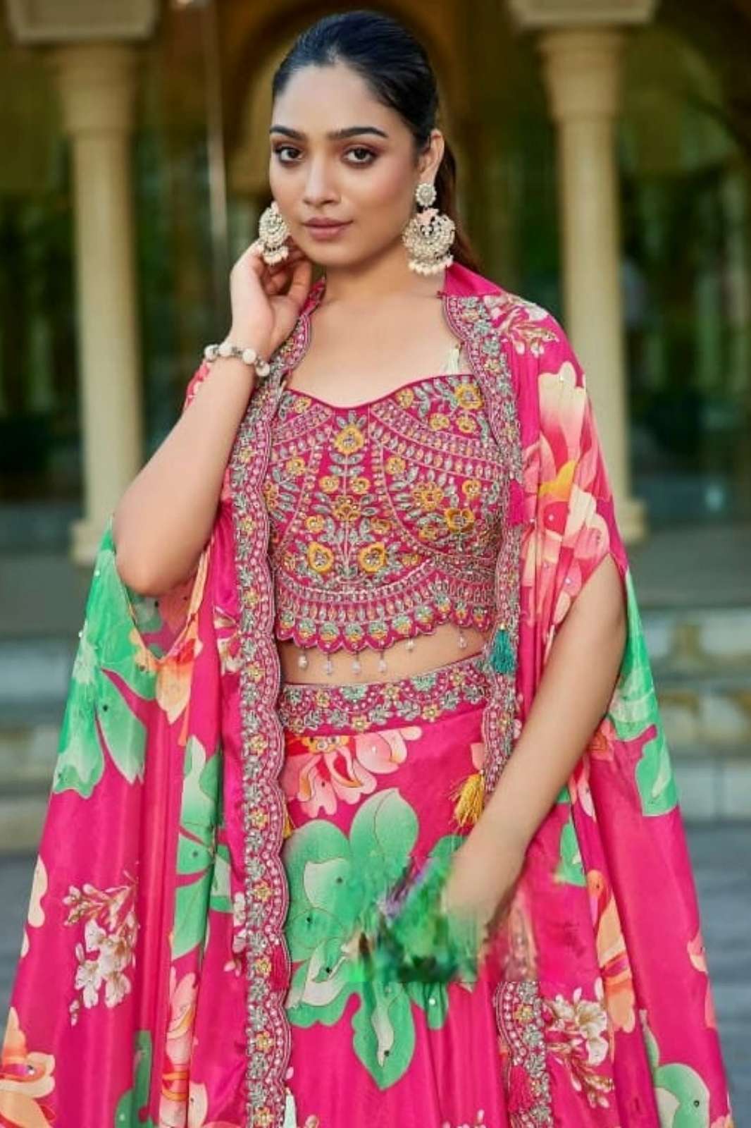 Lapink Silk Designer Printed Floral Lehenga Set with Cape