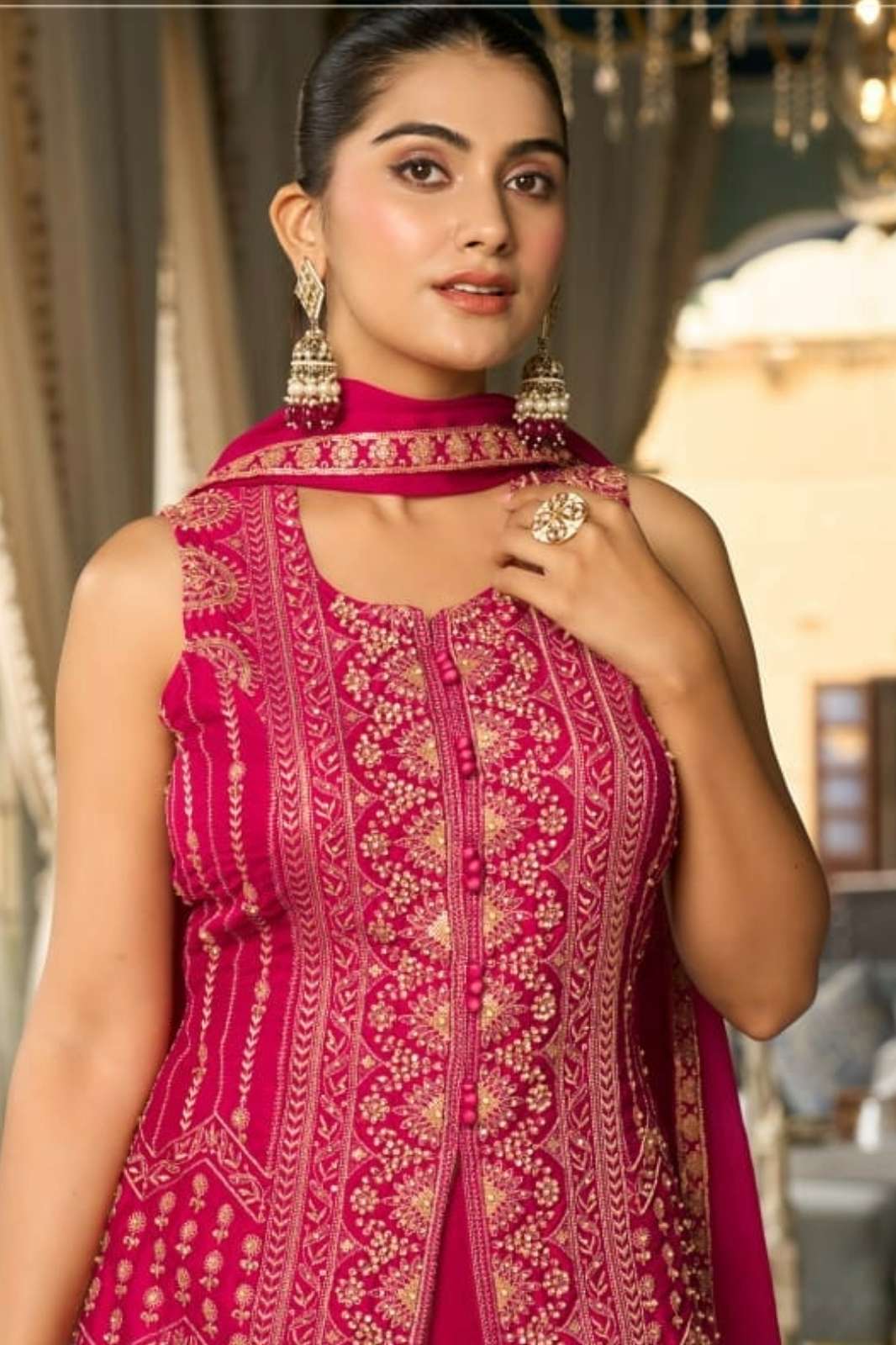 Lapink Viscose Designer Front Cut Peplum Top with Palazzo & Neck Dupatta