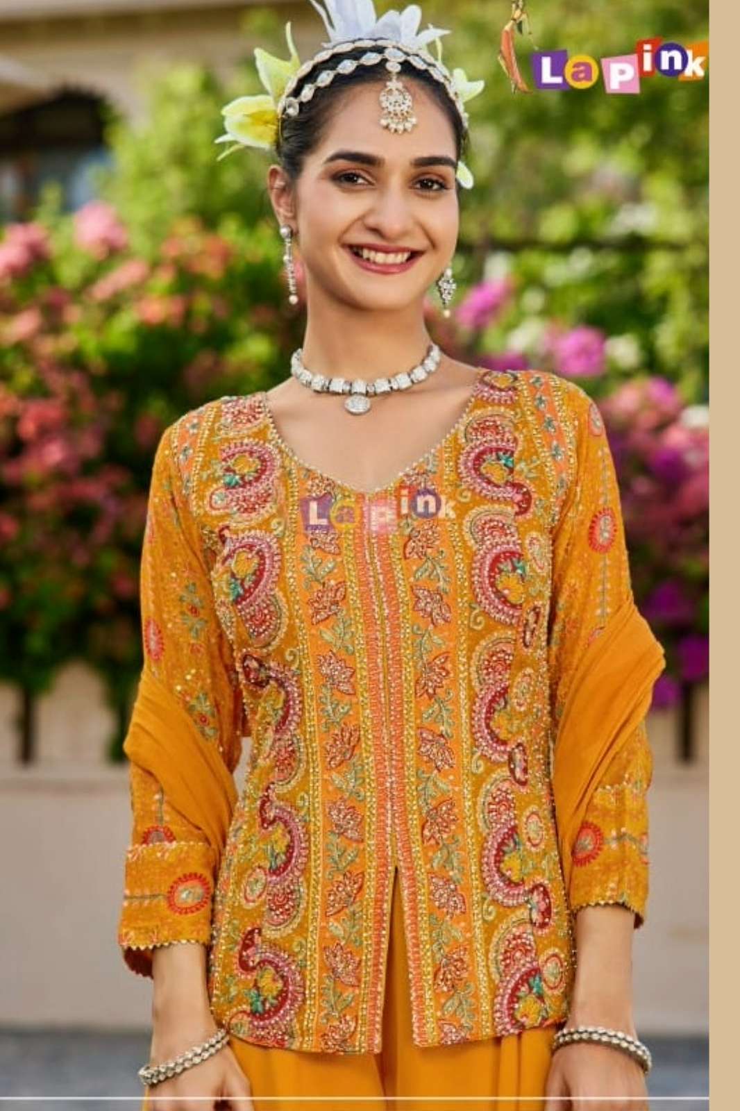 Lapink Viscose Designer Front Cut Peplum with Palazzo & Plane Dupatta