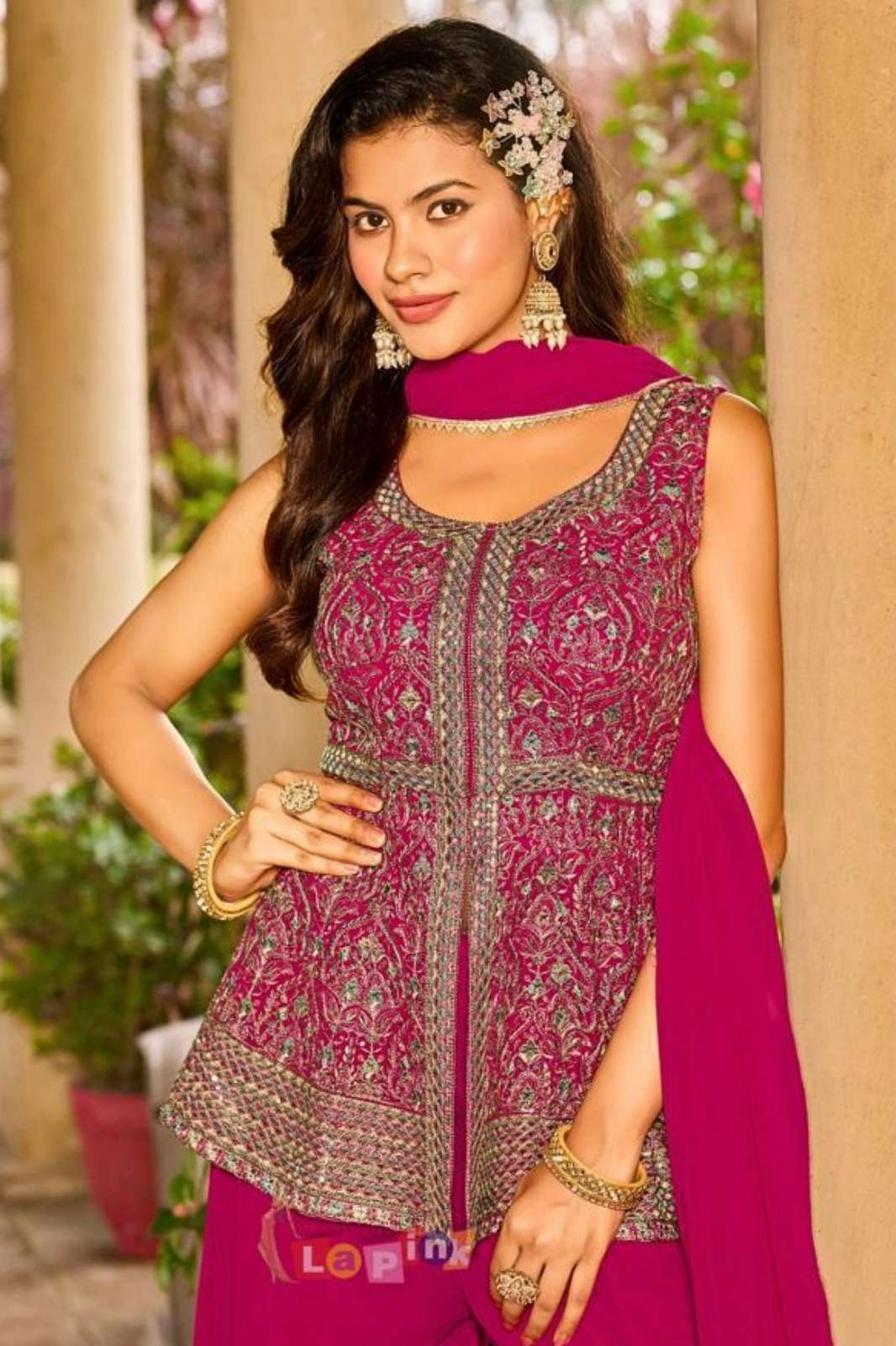 Lapink Viscose Fancy Front Cut Top with Palazzo & Plane Dupatta