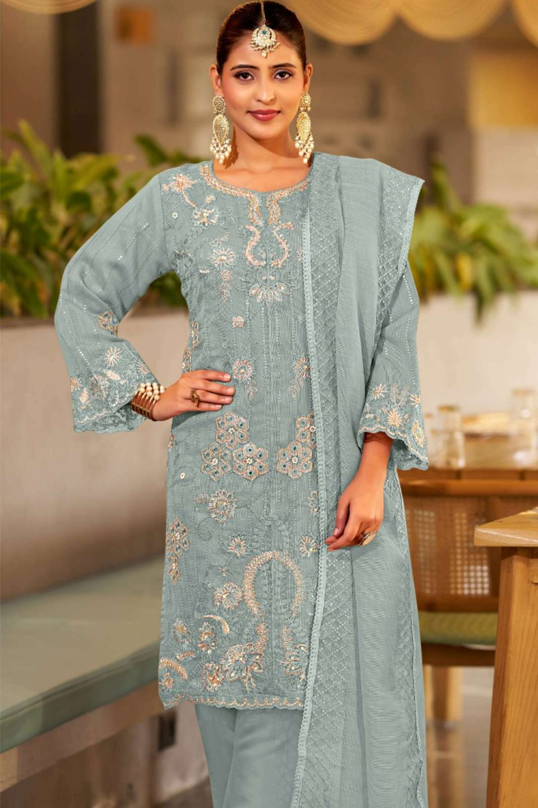 Motifz 5198 Chiffon Pakistani Suit with Embroidery & Khatli Work