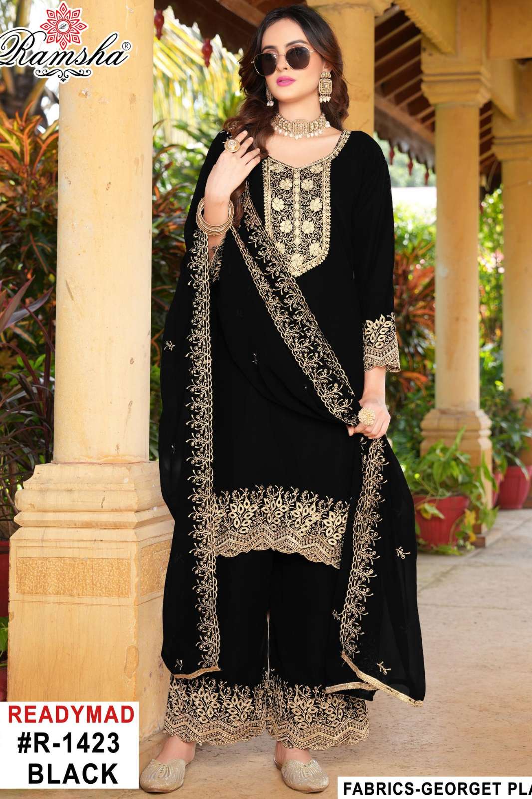 RAMSHA R 1423 Ready To Wear Black & White Embroidery Pakistani Georgette Suit