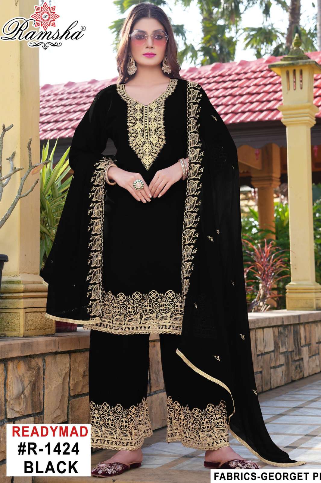 RAMSHA R 1424 Ready To Wear Black & White Embroidery Pakistani Georgette Suit