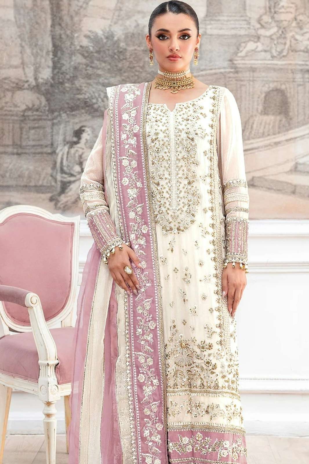 Serine S 770 Crystal Chiffon Embroidery & khatli Work Pakistani Suit 