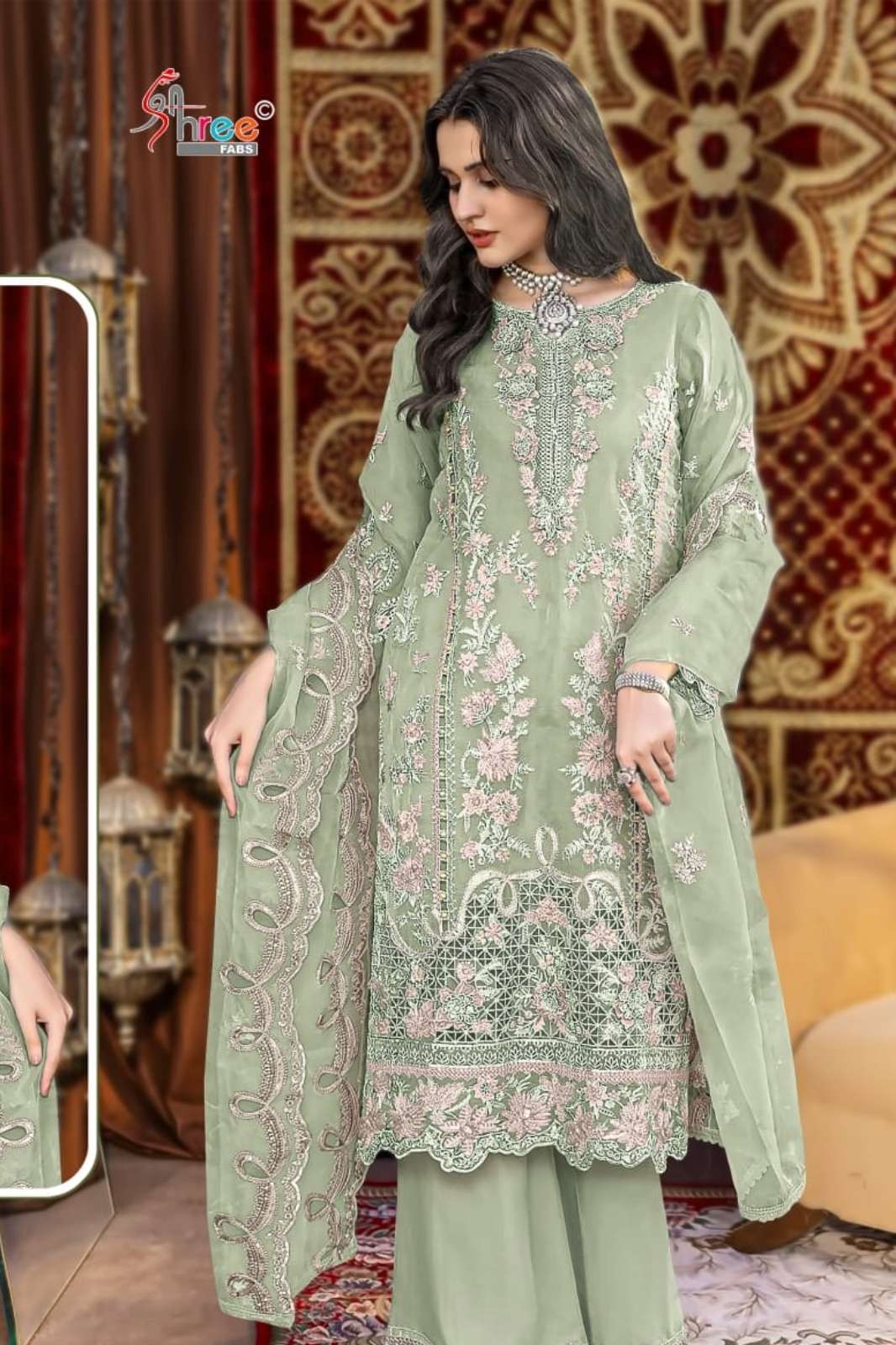 SHREE FAB K 5344 CHIFFON SUIT SET WITH  HEAVY EMBROIDERY KHATLI WORK FOR FESTIVE WEAR