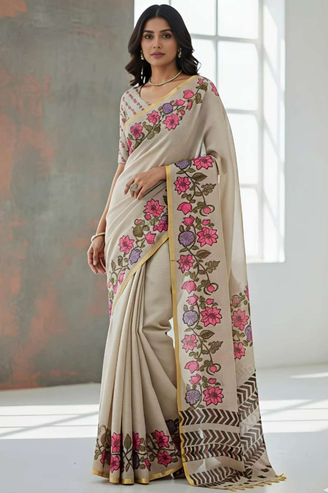 Shri Balaji Emporium CHIKOO GOLD Heavy Linen Blooming Saree