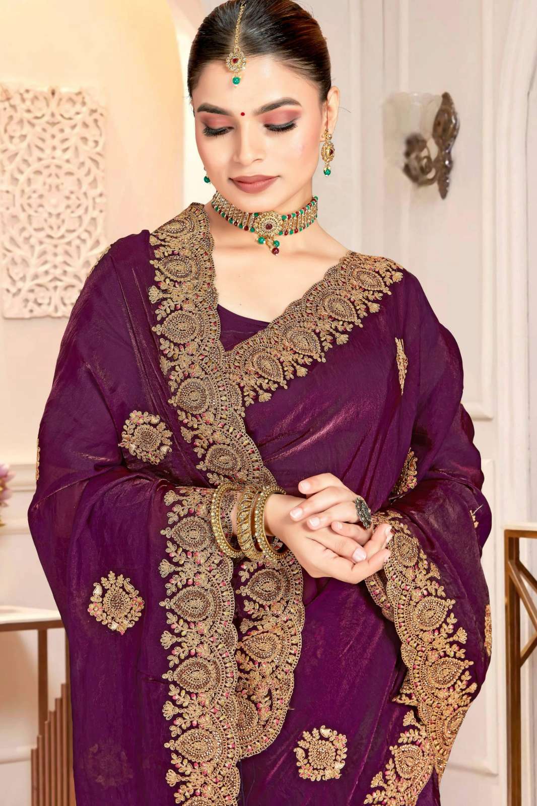 Shri Balaji Emporium KALA MANDIR Party Wear Embroidered Fandy Satin Silk Saree