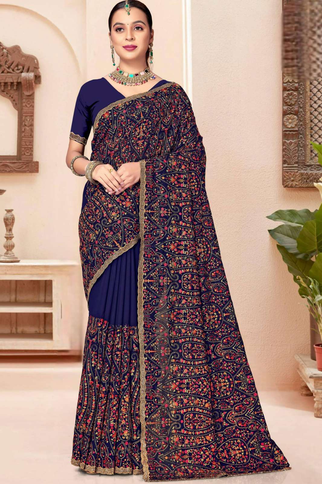 Shri Balaji Emporium NF AARUNI Resham Kashmiri Embroidered Georgette Saree