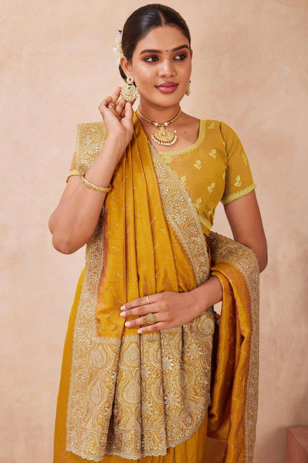 Shri Balaji Emporium NF BANSARI Kesariya Tow Ton Silk Embroidery Work Saree