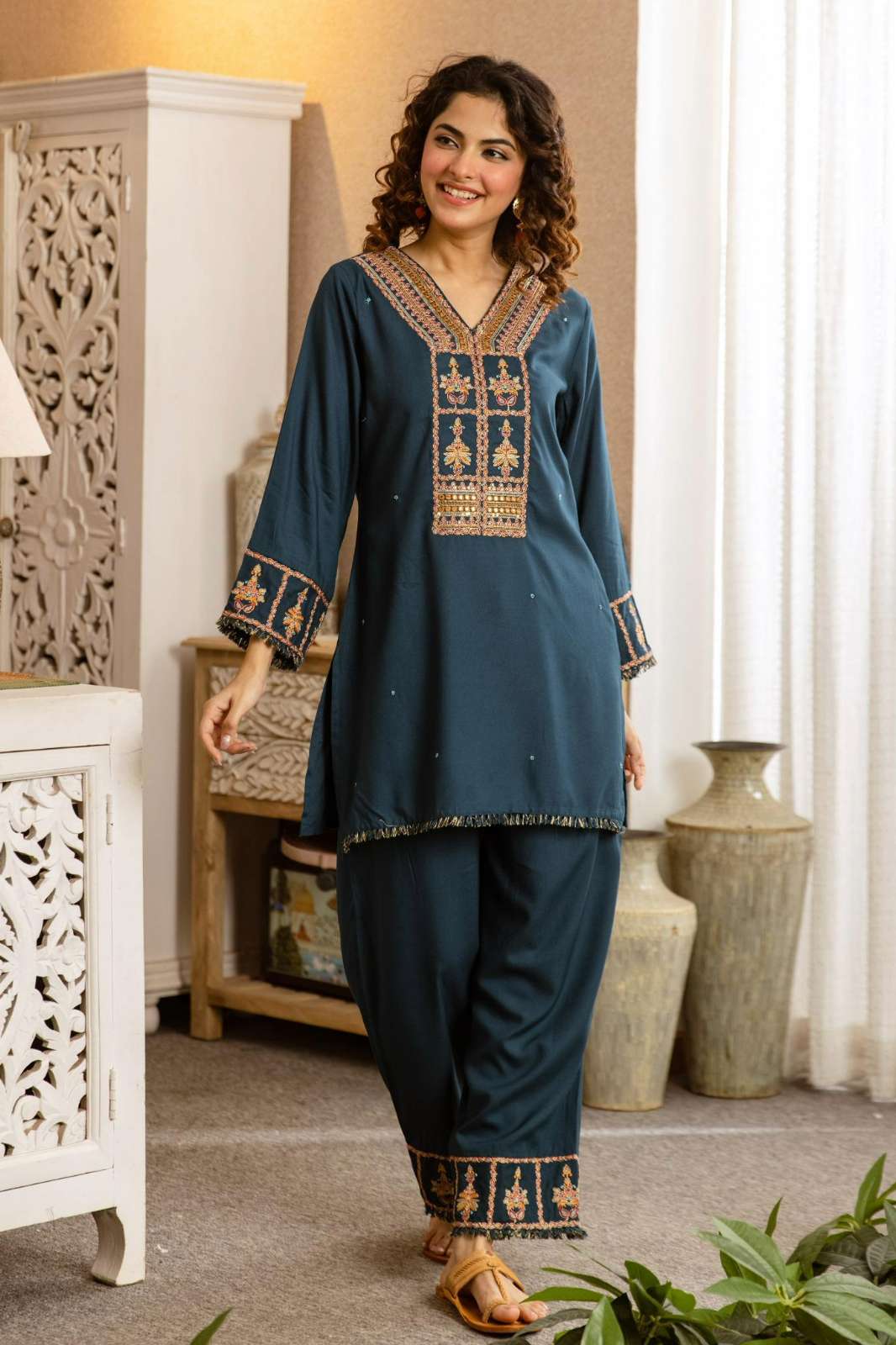 Shri Balaji Emporium PATTERN 2 FF Ready to Wear Rayon Embroidered Co ord Set