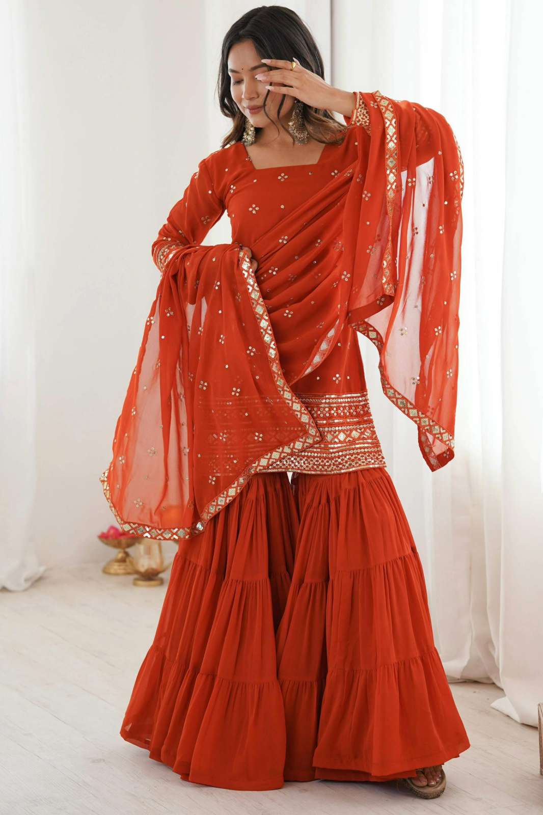 Shri Balaji Emporium Pure Heavy Georgette Fully Stitched Sharara Suit