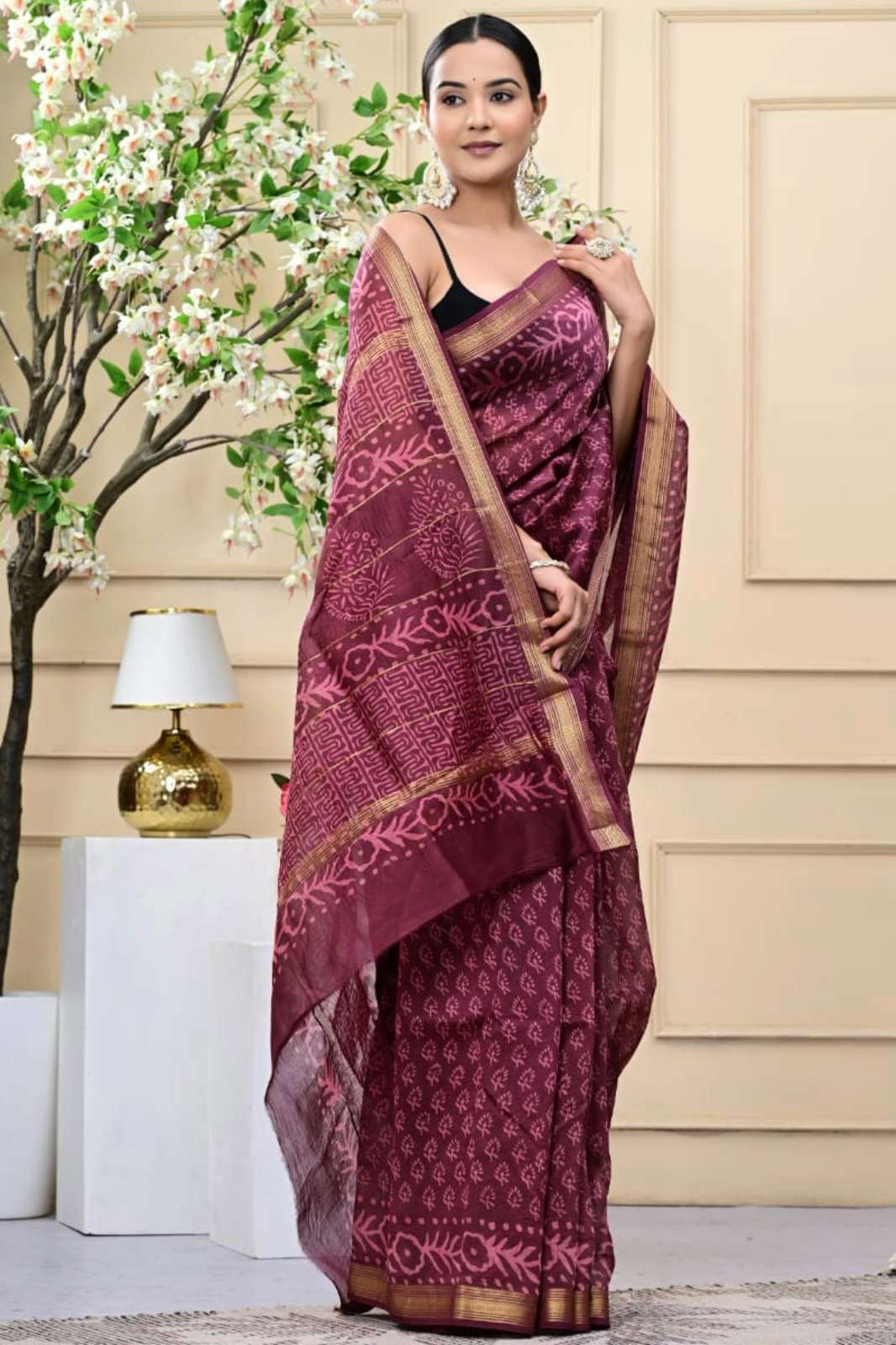 Shri Balaji Emporium RF 18379 Hand Block Printed Maheshwari Silk Saree