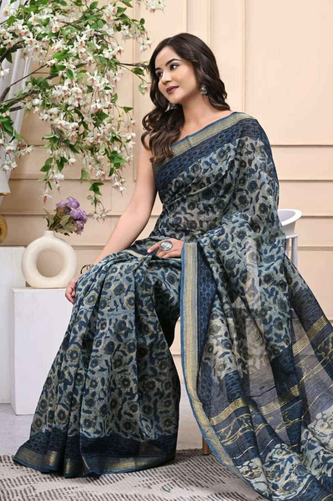 Shri Balaji Emporium RF 18379 Hand Block Printed Maheshwari Silk Saree