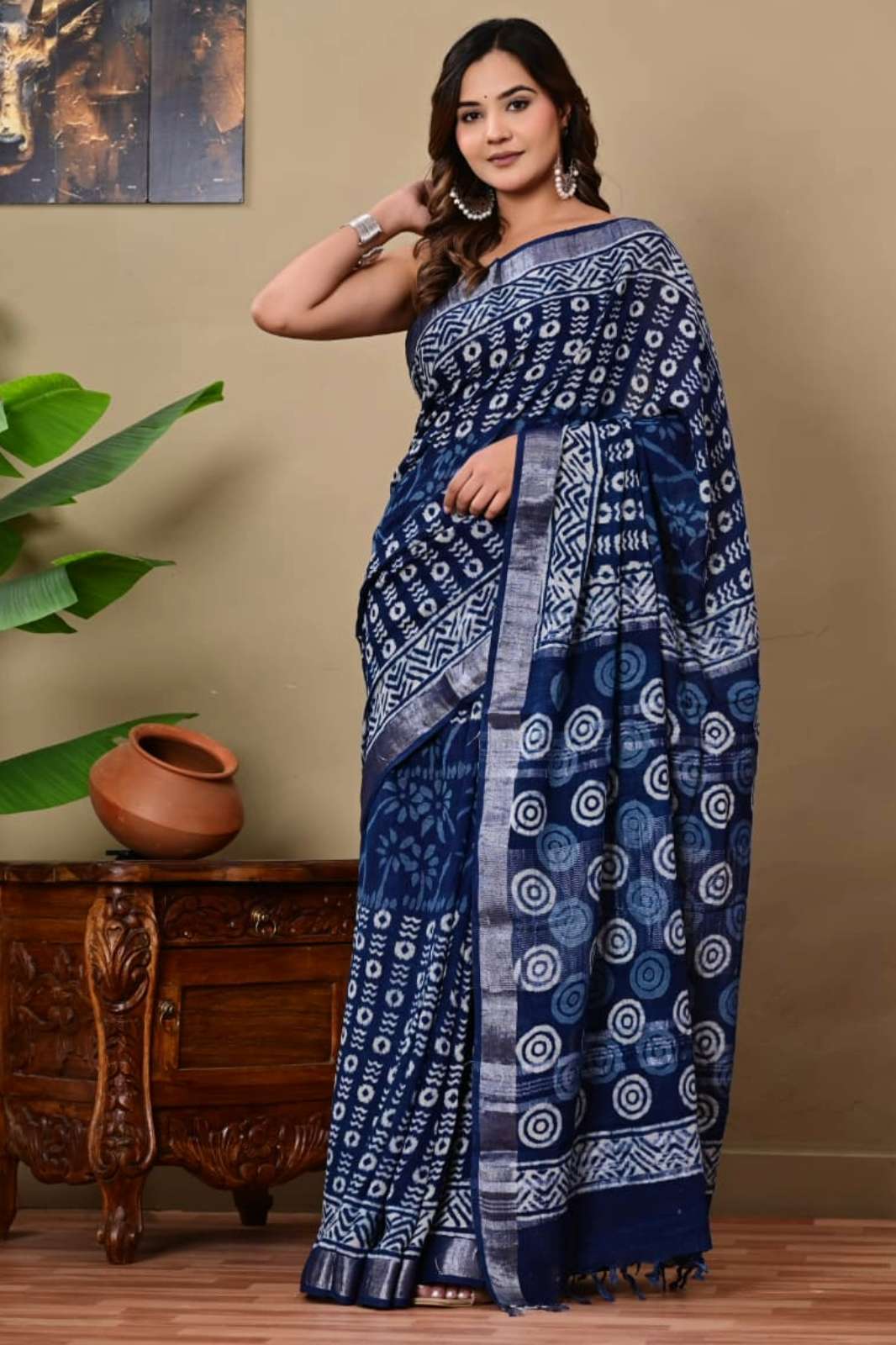 Shri Balaji Emporium RF 18852 Bagru Hand Block Printed Linen Saree
