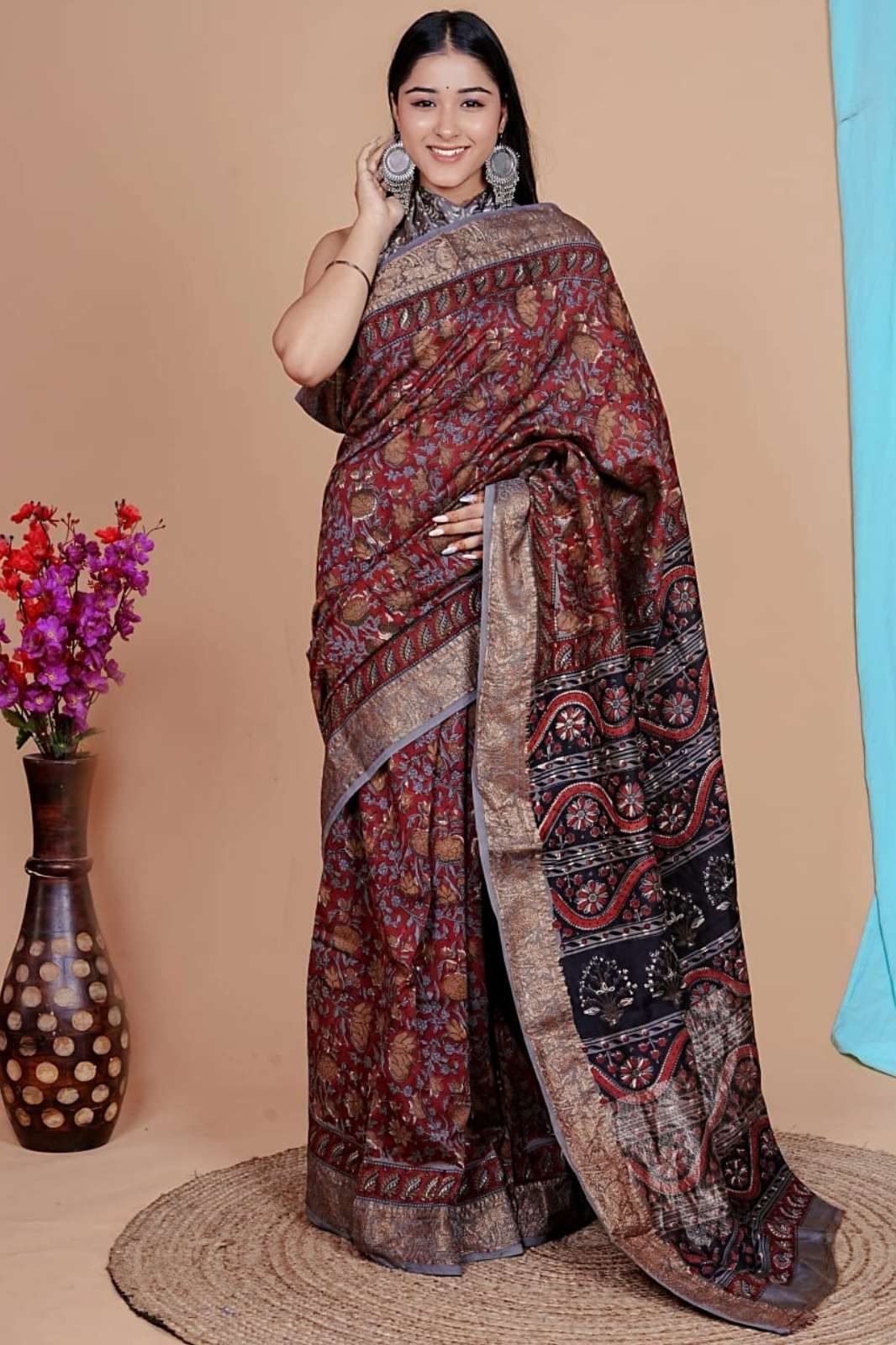 Shri Balaji Emporium RF 18854 Bagru Hand Block Printed Maheswari Silk Saree