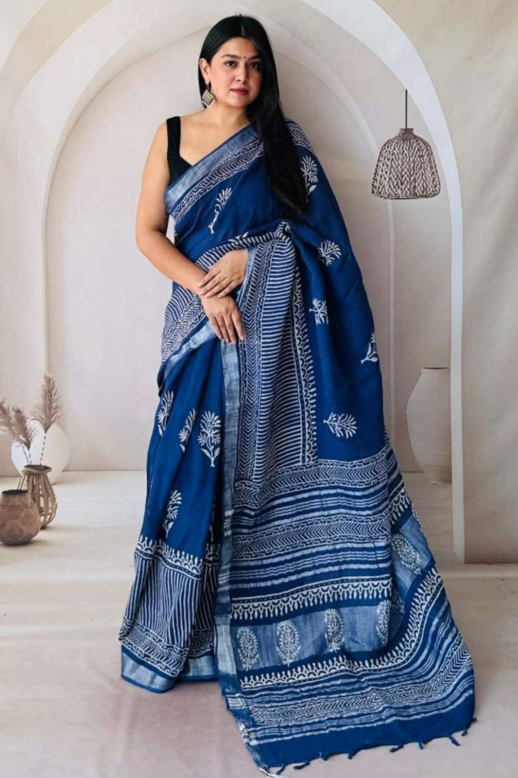 Shri Balaji Emporium RF 19032 Bagru Hand Block Printed Linen Saree