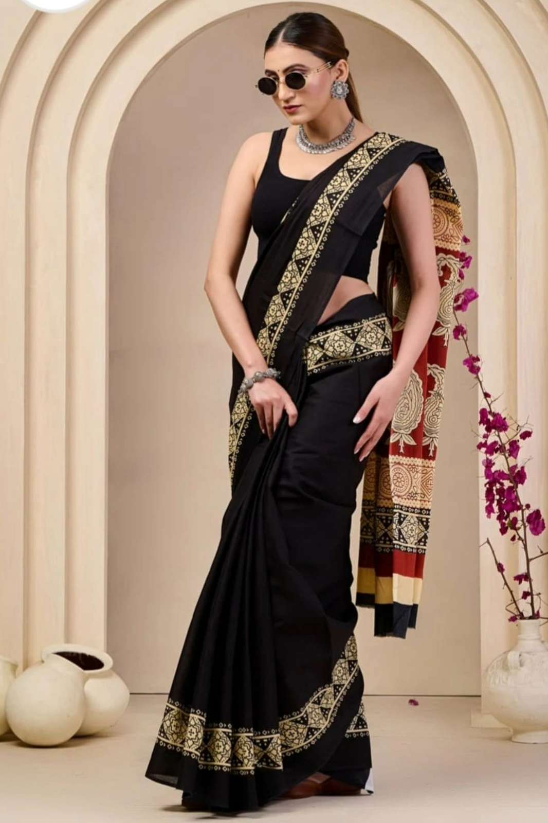 Shri Balaji Emporium RF18418 Bagru Hand Block Printed Pure Cotton Mulmul Saree