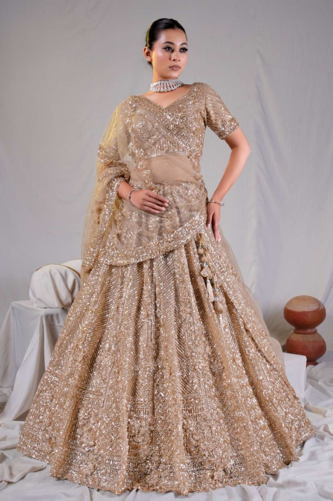 Shri Balaji Emporium SBG Golden Wedding Embroidered Hand Work Net Lehenga Choli