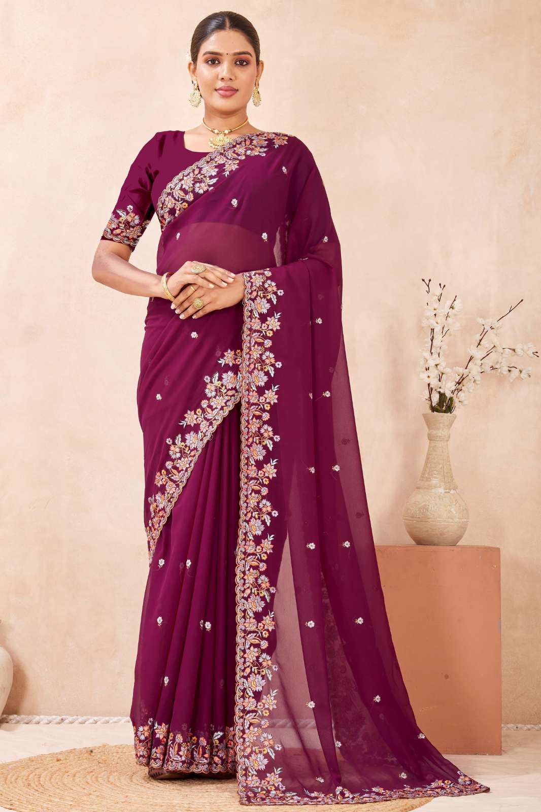 Shri Balaji Emporium NF SREYA Beautiful Georgette Resham Kashmiri Embroidered Saree