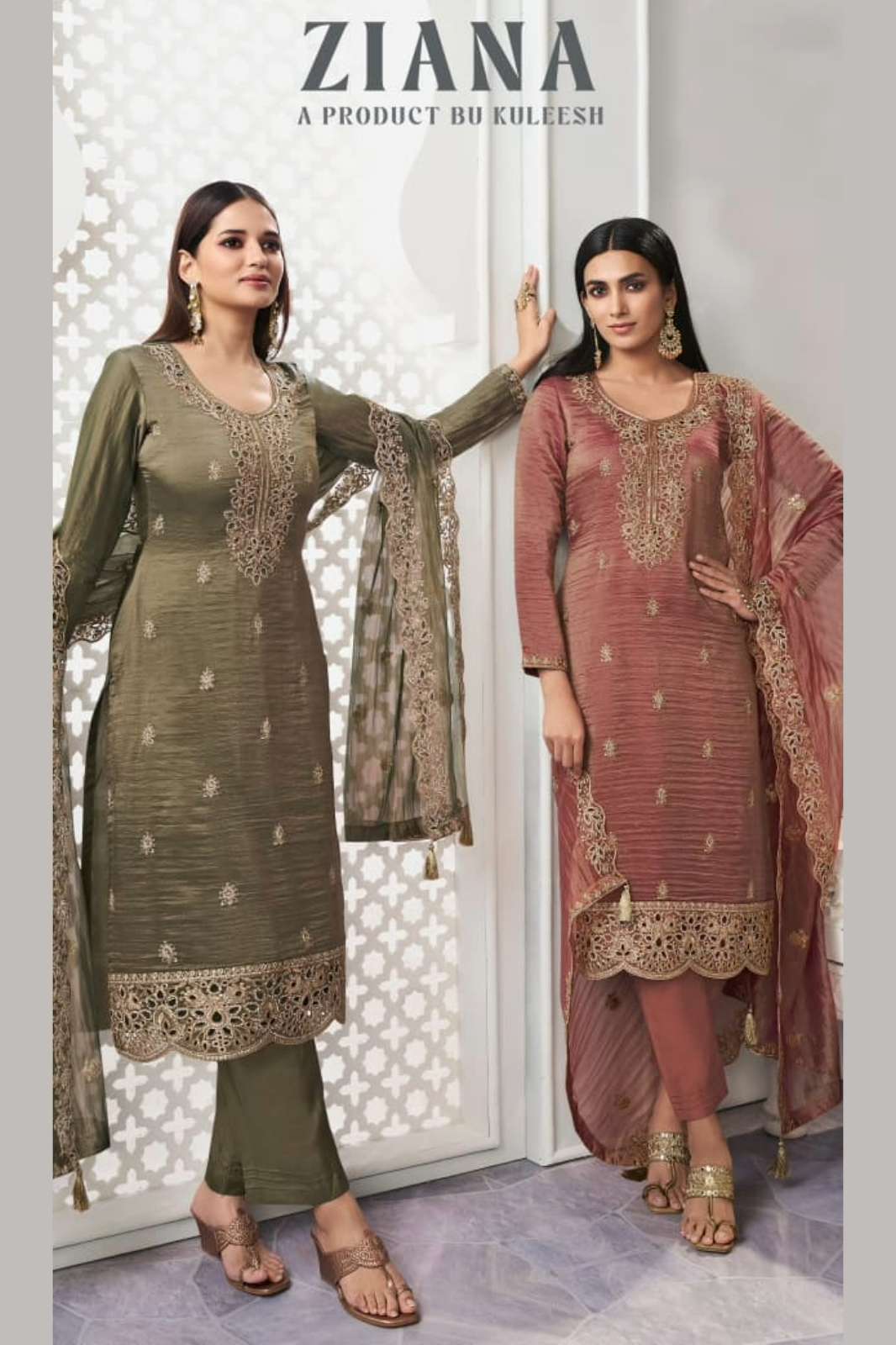 VINAY KULEESH ZIANA EMBROIDERED SOFT GOLD SILK SUIT
