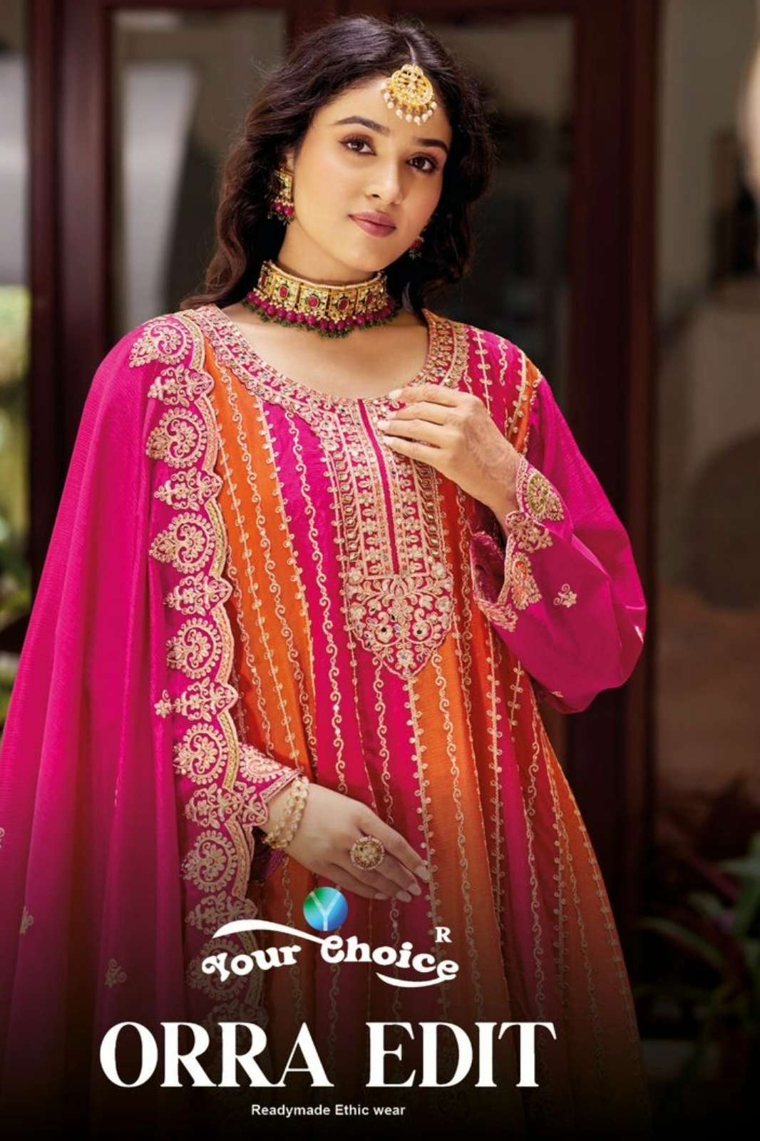 Your choice ORRA RED 4 Ready to Wear Pure Chinon Embroidered Suit