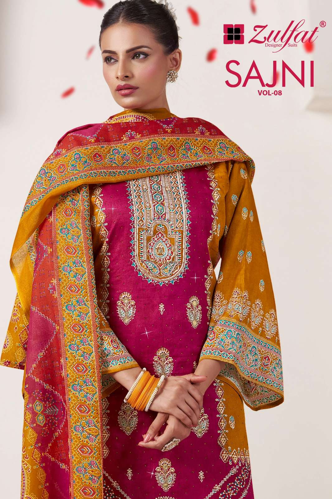 Zulfat SAJNI VOL 8 100% Pure Jaam Cotton Satin Handwork Pakistani Suit