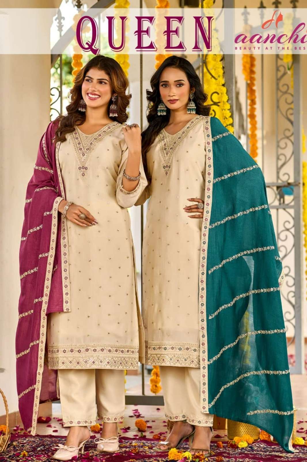 AANCHI QUEEN READY TO WEAR VICHITRA SILK EMBROIDERED SUIT 