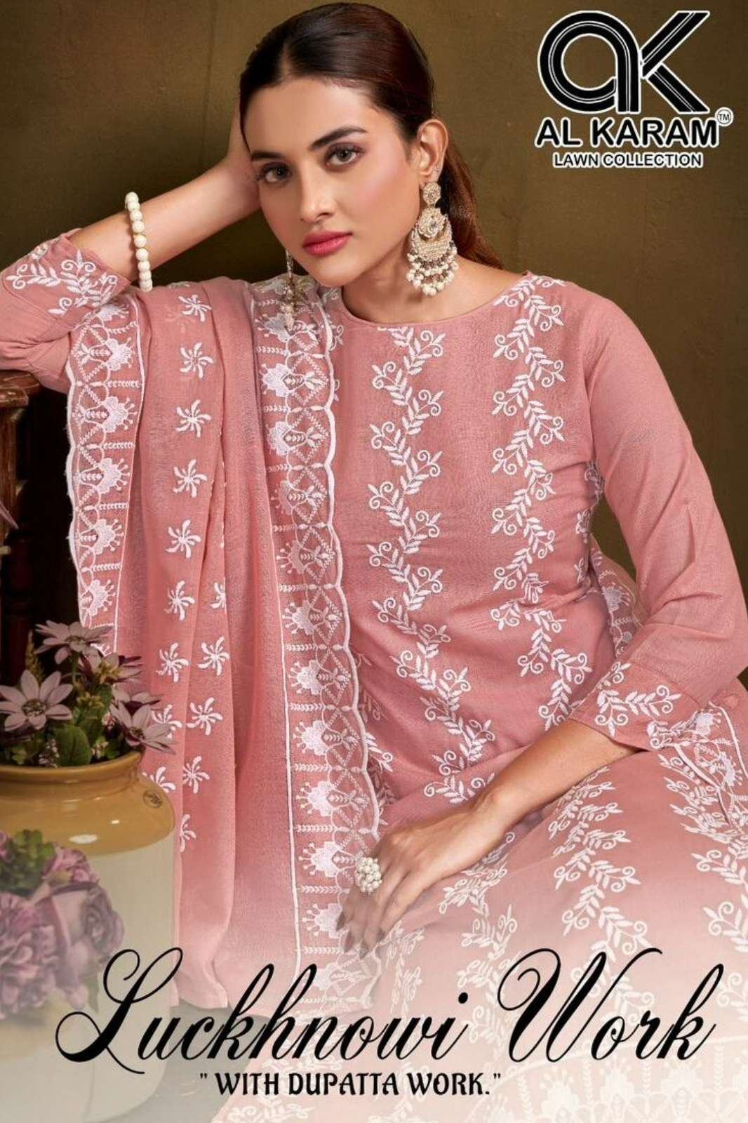 Alkaram Lucknowi Self Work Pure Cotton Print & Embroidery Work Pakistani Suit 