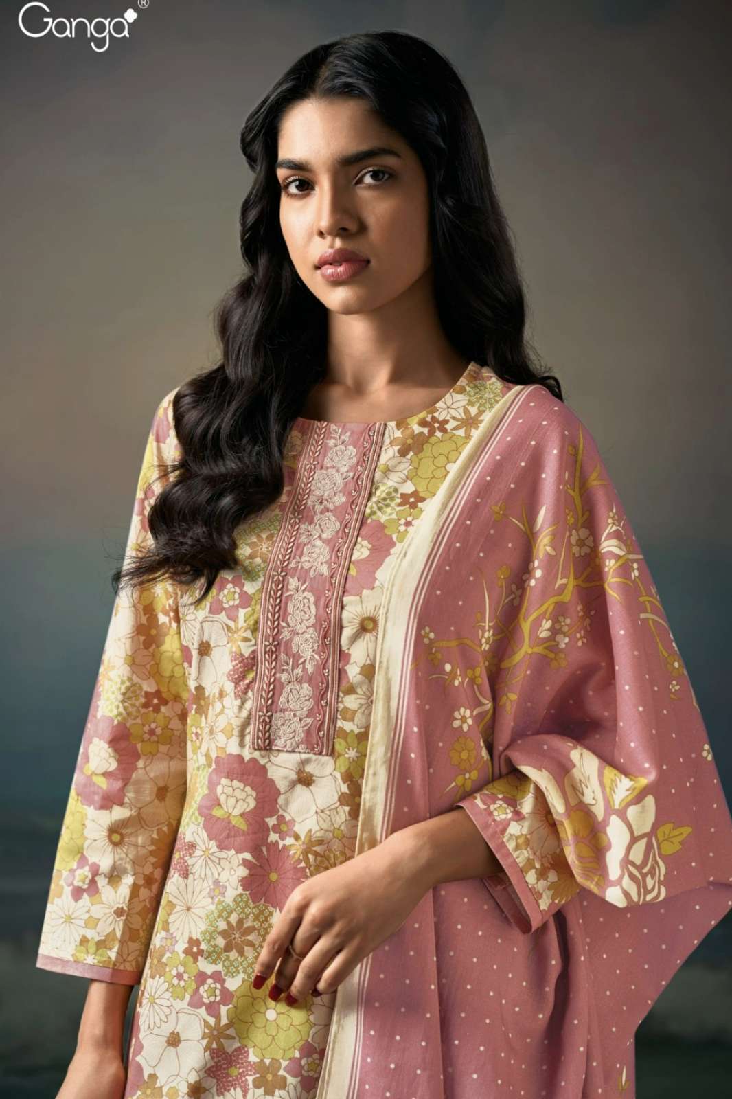 GANGA GIA S3867 TOP PREMIUM COTTON SATIN EMBROIDERY WORK SUIT 