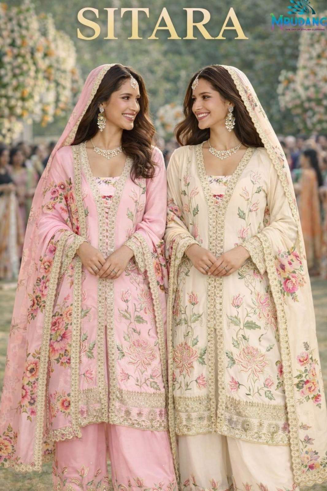 MRUDANGI SITARA PREMIUM CHINON SILK HEAVY EMBROIDERED PAKISTANI STYLE PLAZZO SUIT FOR WHOLESELLER