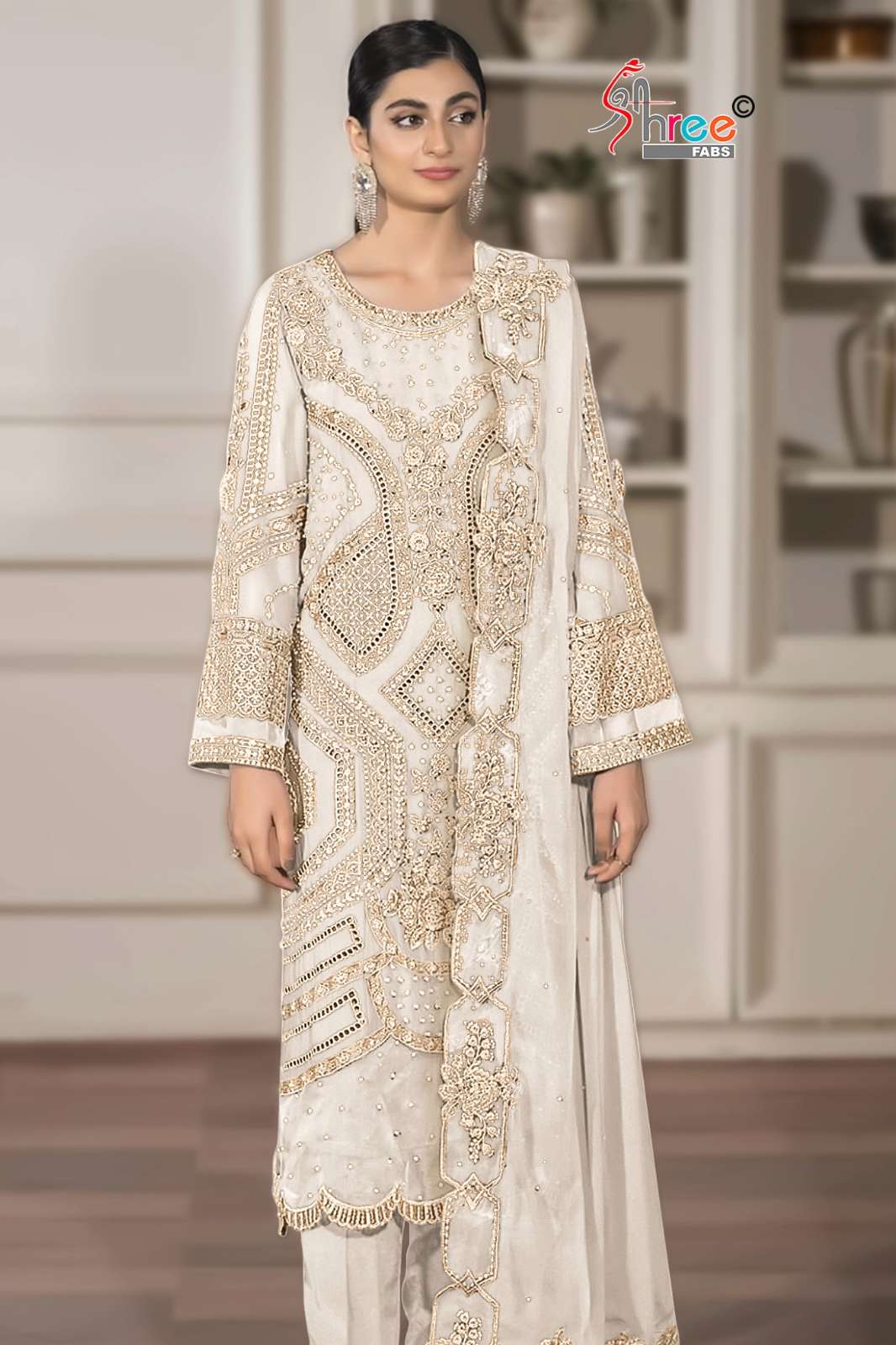 SHREE FAB S 5555 CHIFFON SUIT SET WITH HEAVY EMBROIDERY & HANDWORK 