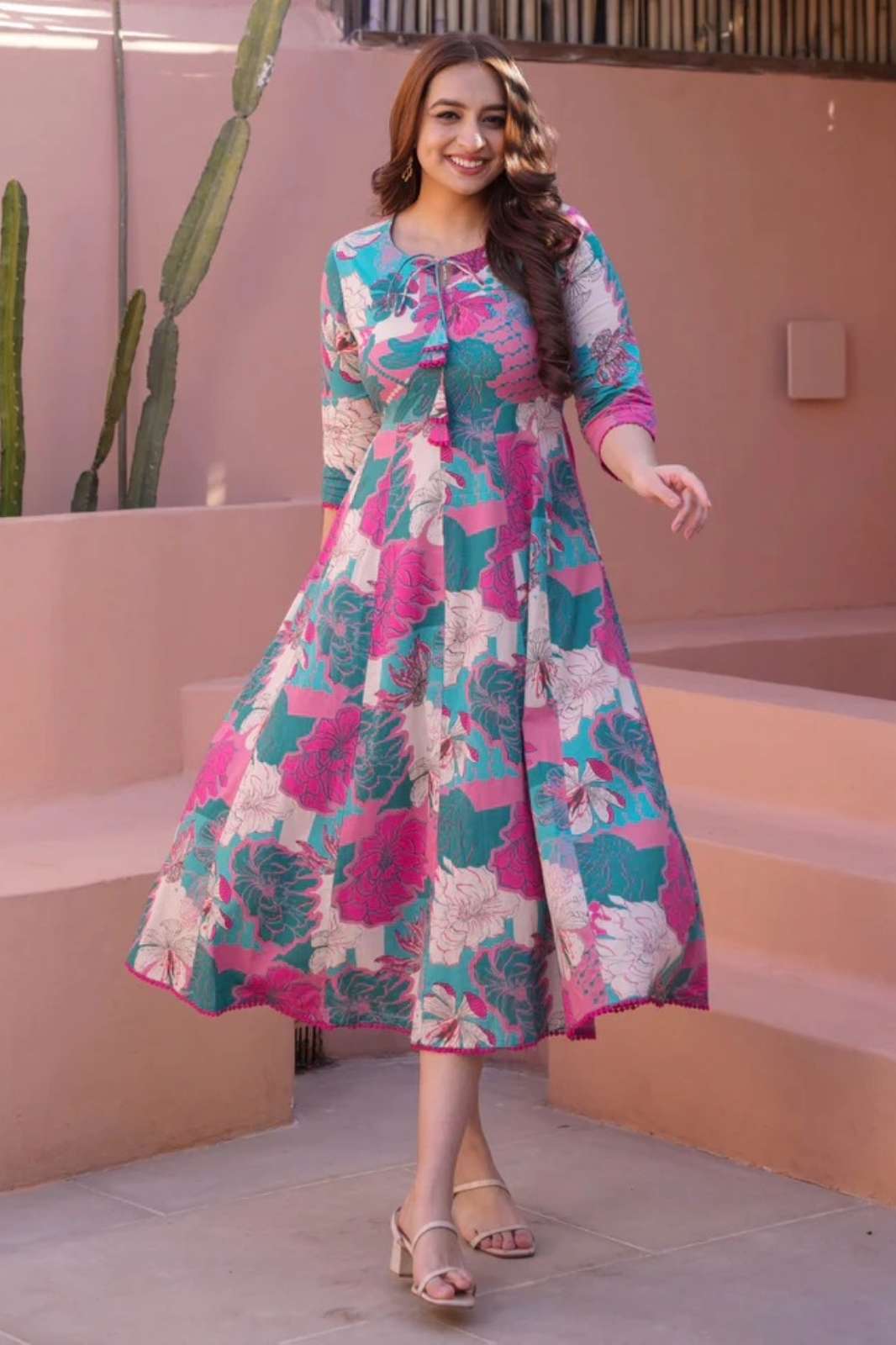 SHRI BALAJI 190649 BEAUTIFUL MUSIN FABRIC PRINTED DRESS WITH THREE QUARTER SLEEVE 