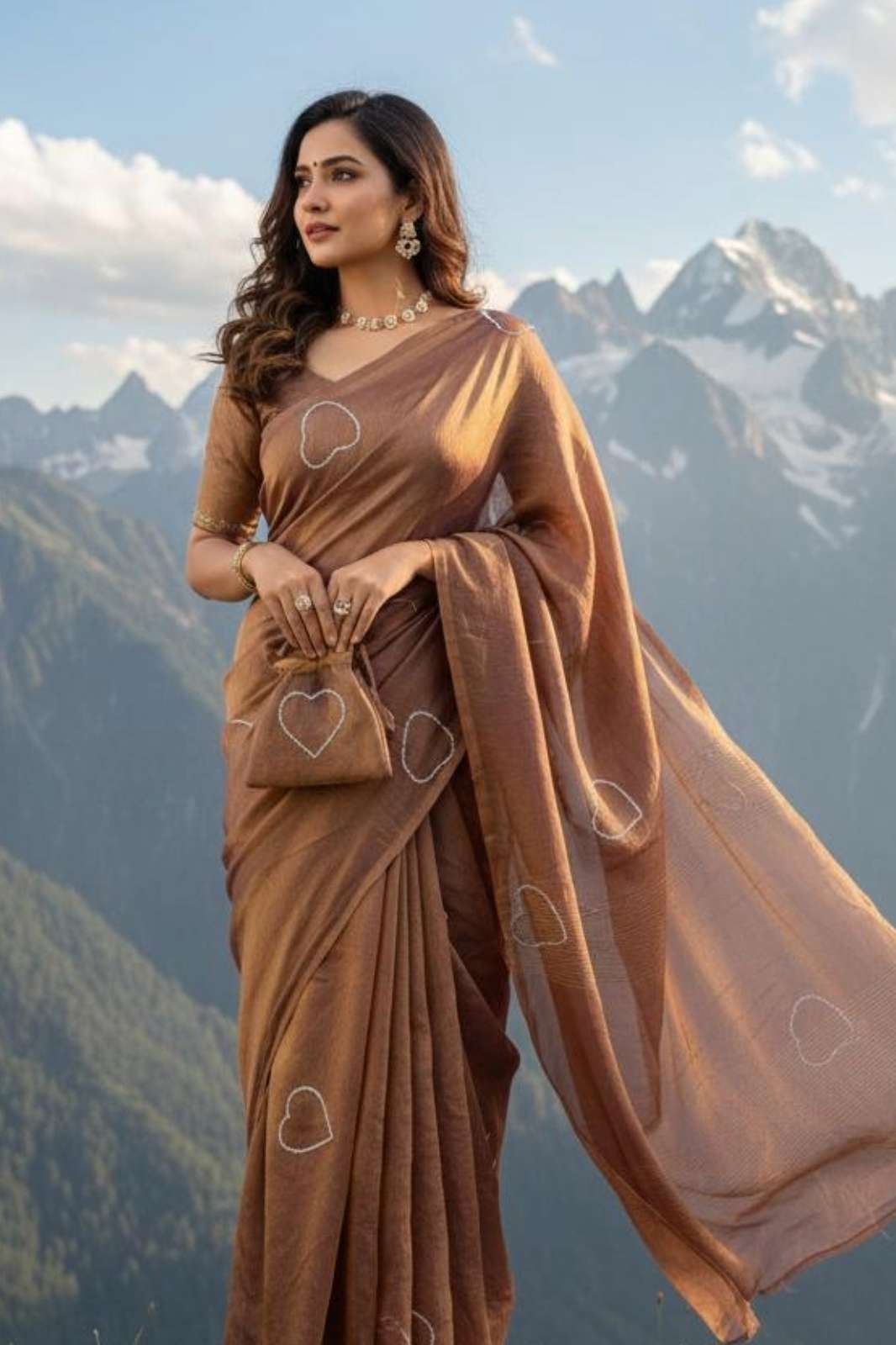 SHRI BALAJI 19636 STUNNING FENDI CHIFFON SAREE WITH ZARKAN EMBELLISHMENTS