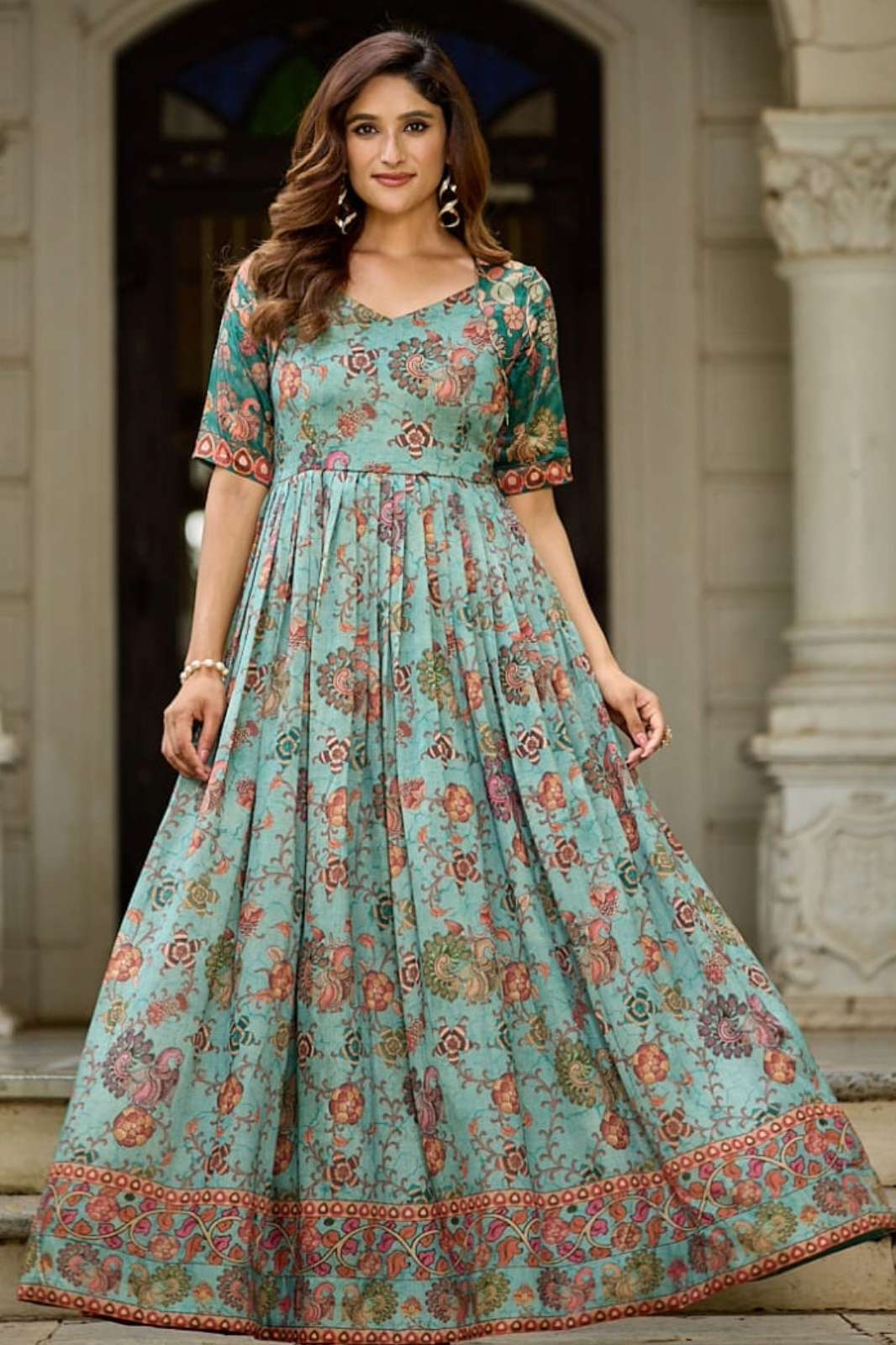 SHRI BALAJI 19642 READY TO WEAR SILK BLENDED FLORAL PRINT GOWN